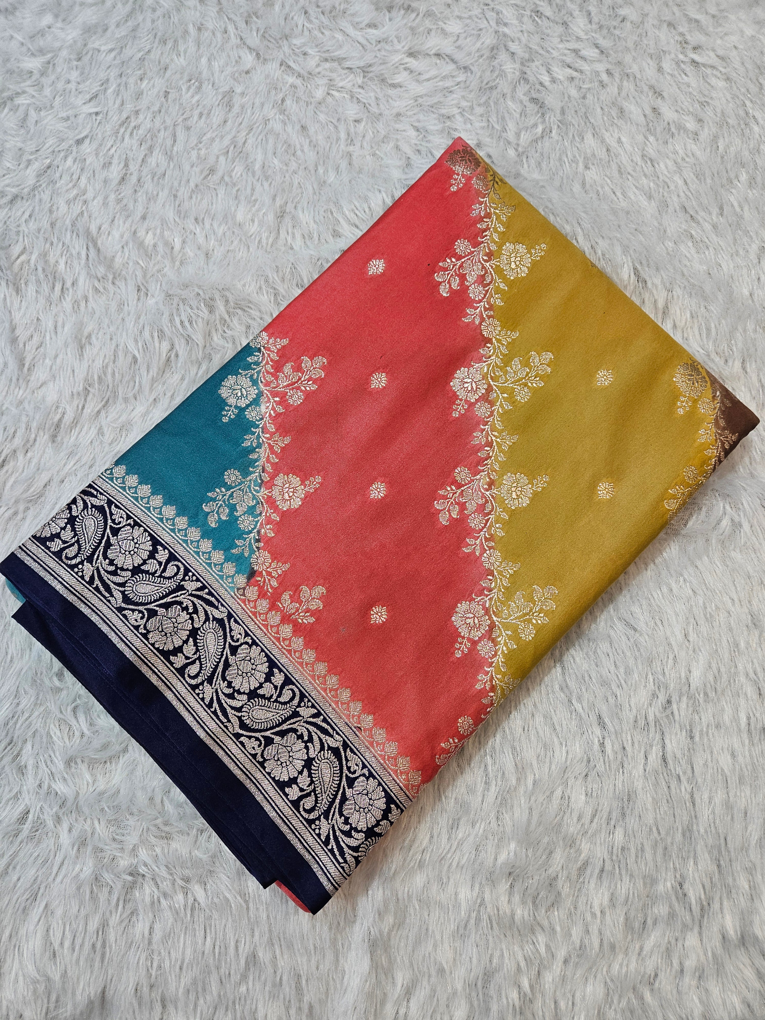 Rangkaat Navy Blue Mashru Silk Banarasi Saree Aada Design Multi Colour