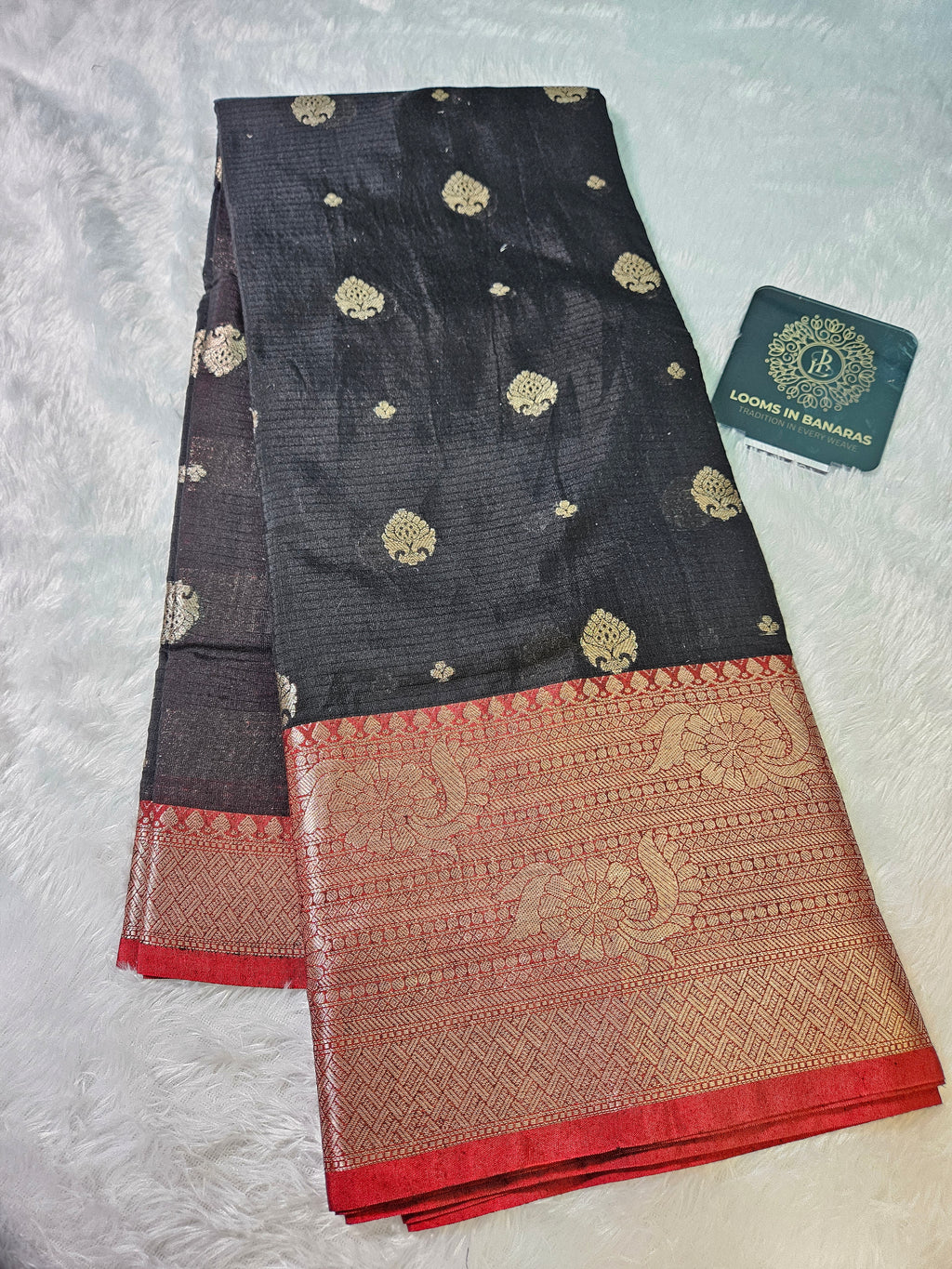 Black and Red Contrast Banarasi Cotton Zari Border Boota Saree