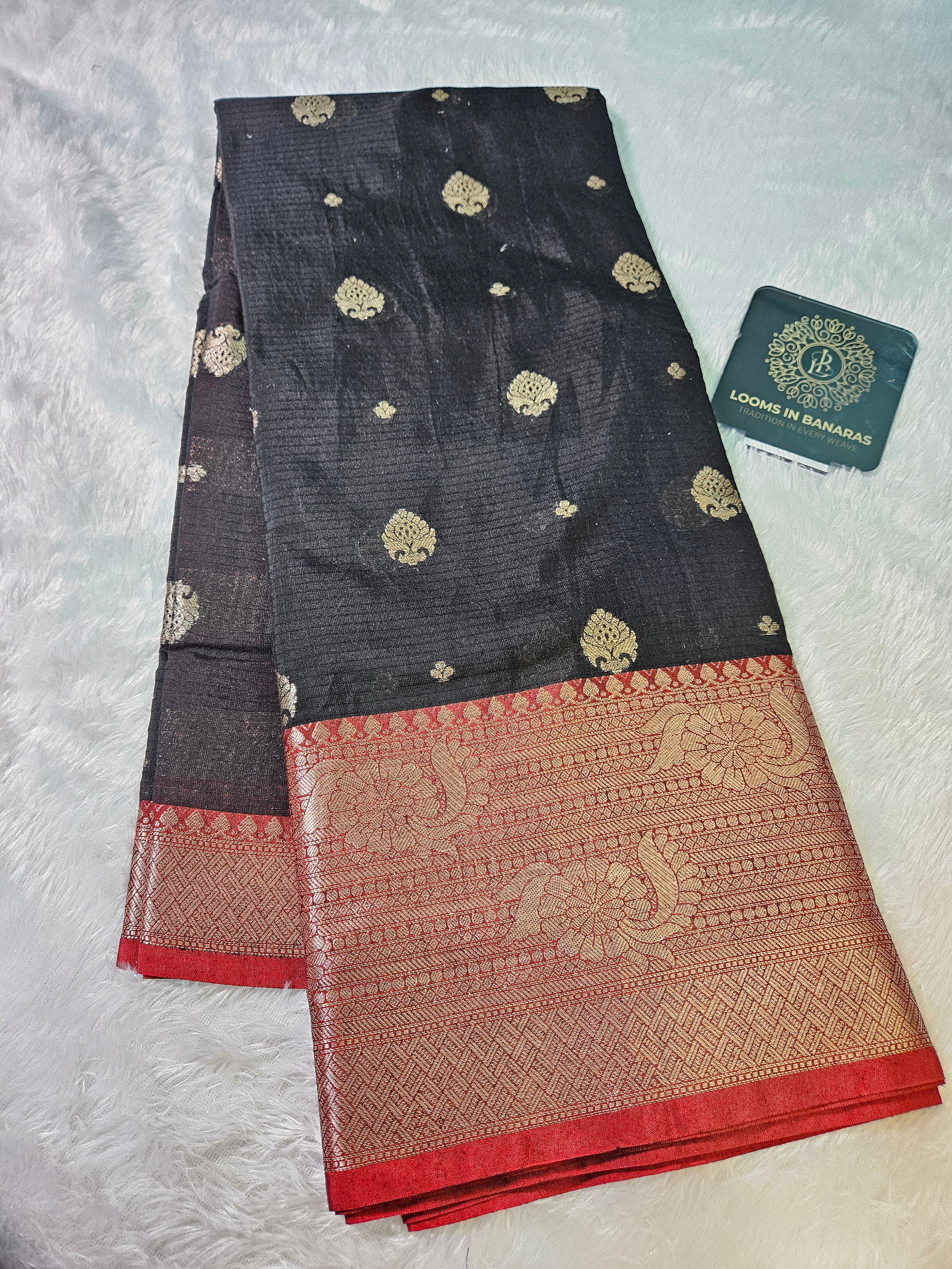 Black and Red Contrast Banarasi Cotton Zari Border Boota Saree