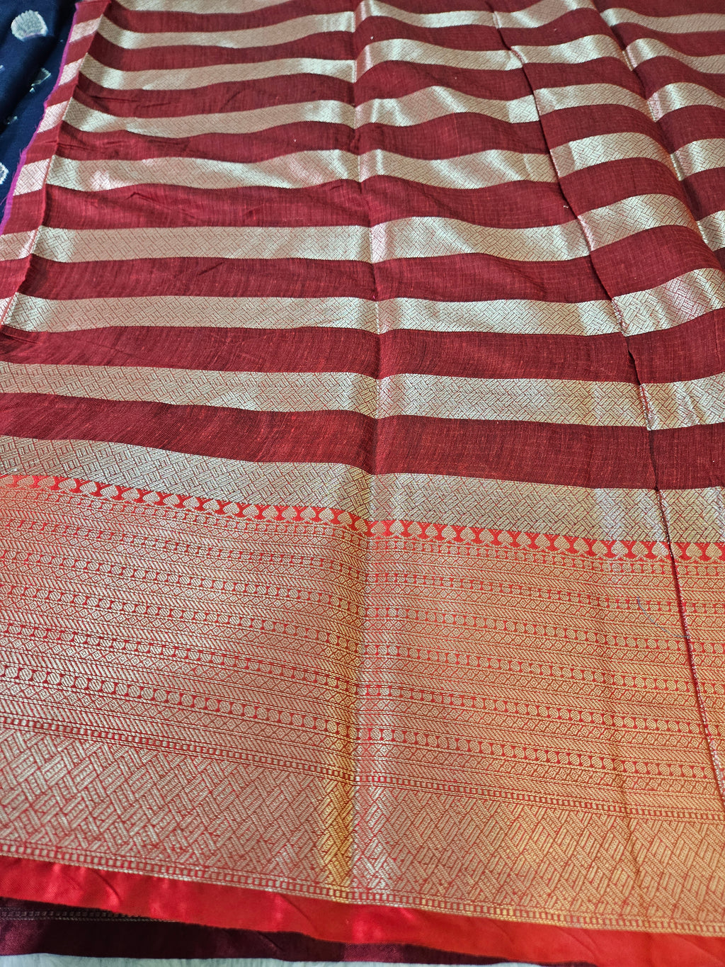Navy Blue and Red Contrast Banarasi Cotton Zari Border Boota Saree