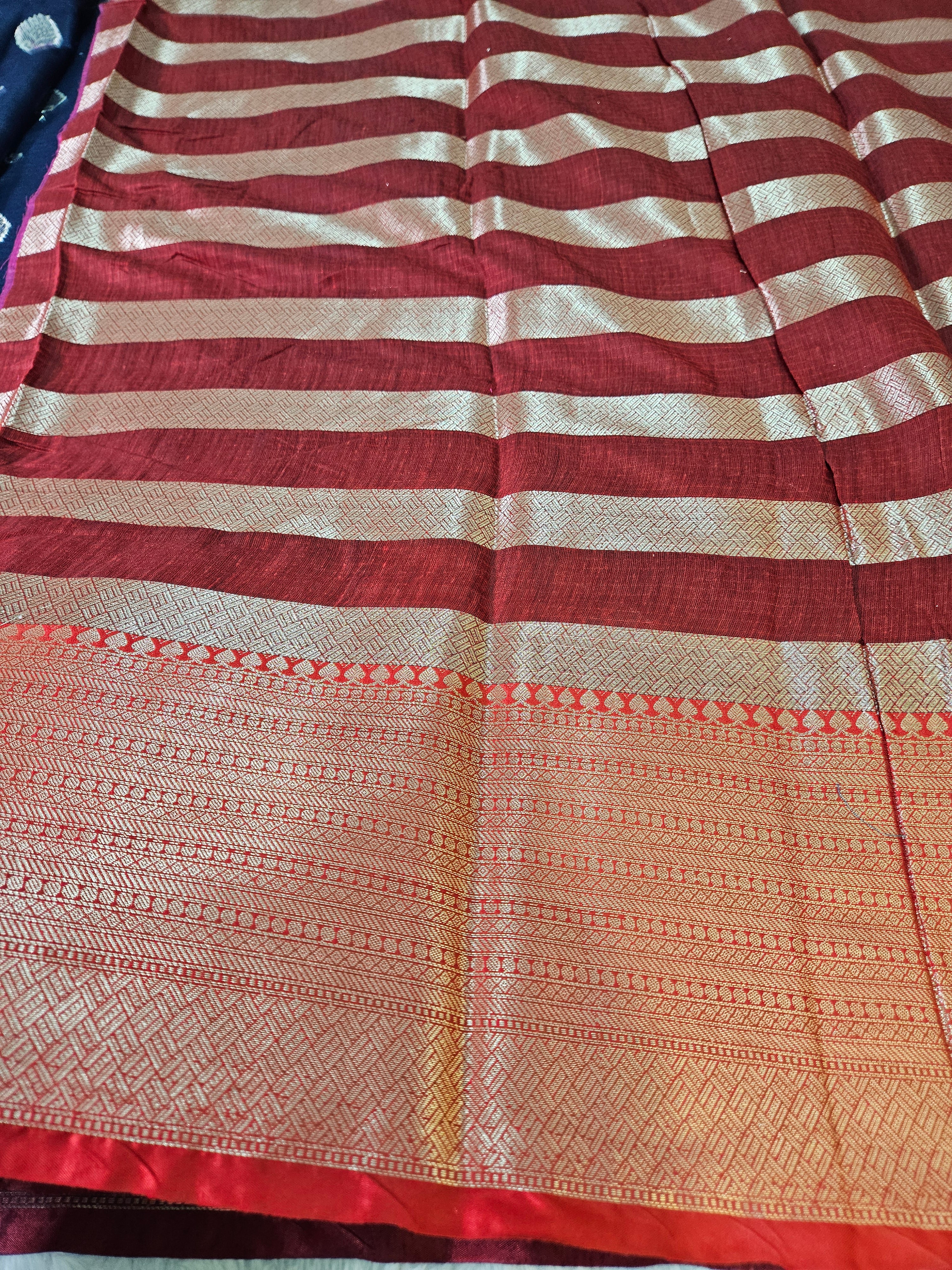 Navy Blue and Red Contrast Banarasi Cotton Zari Border Boota Saree