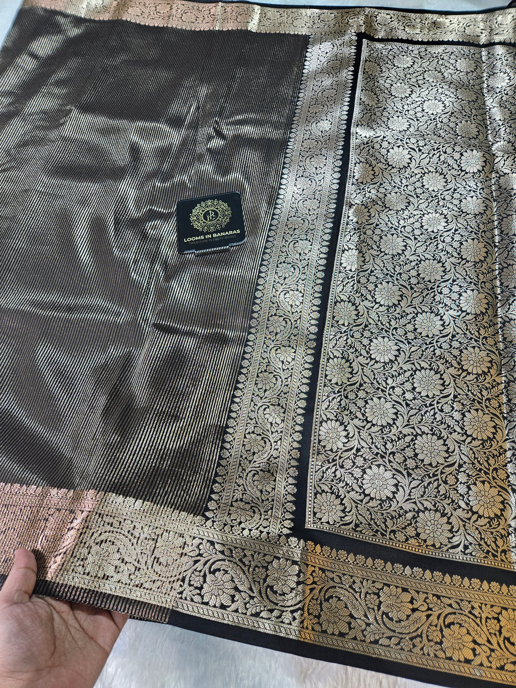 Black Banarasi Soft Tissue Zari Stripe Design Saree