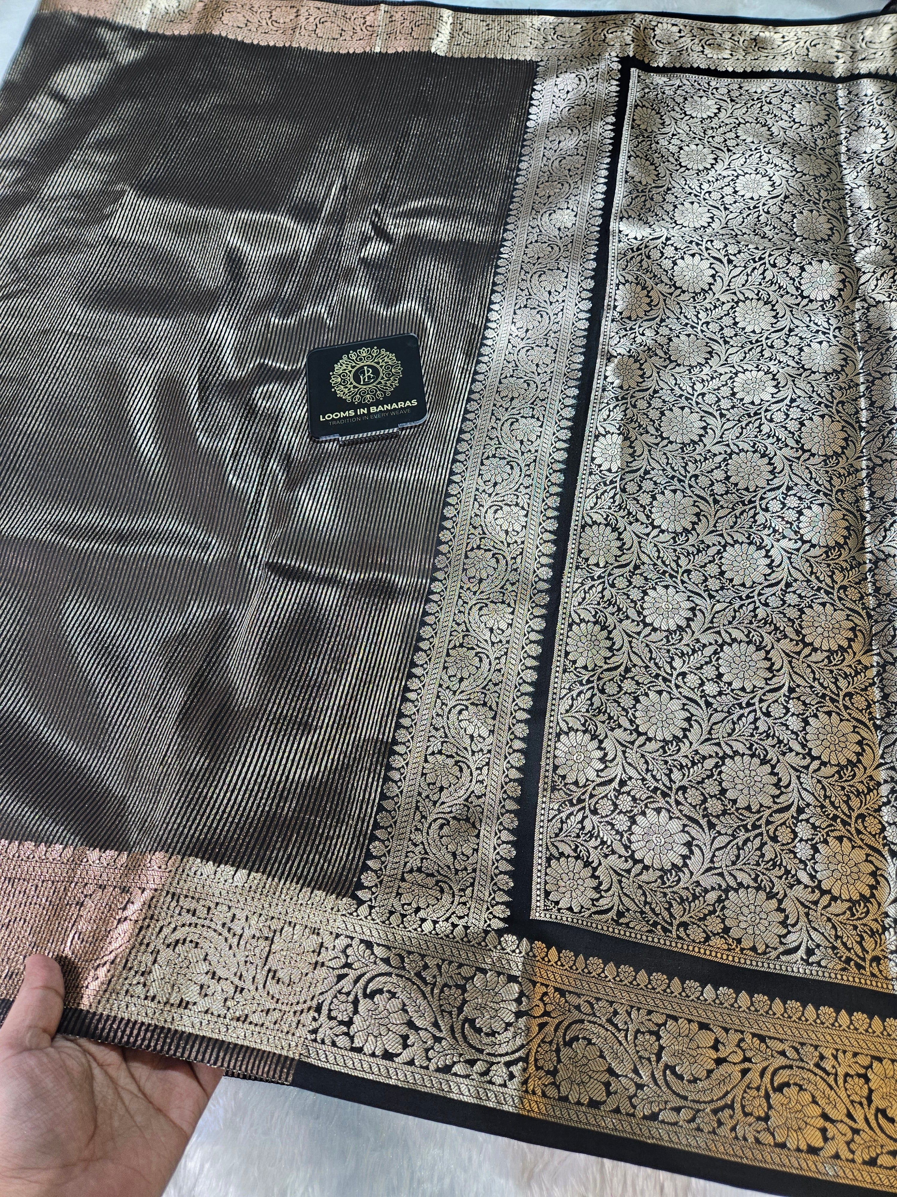 Black Banarasi Soft Tissue Zari Stripe Design Saree