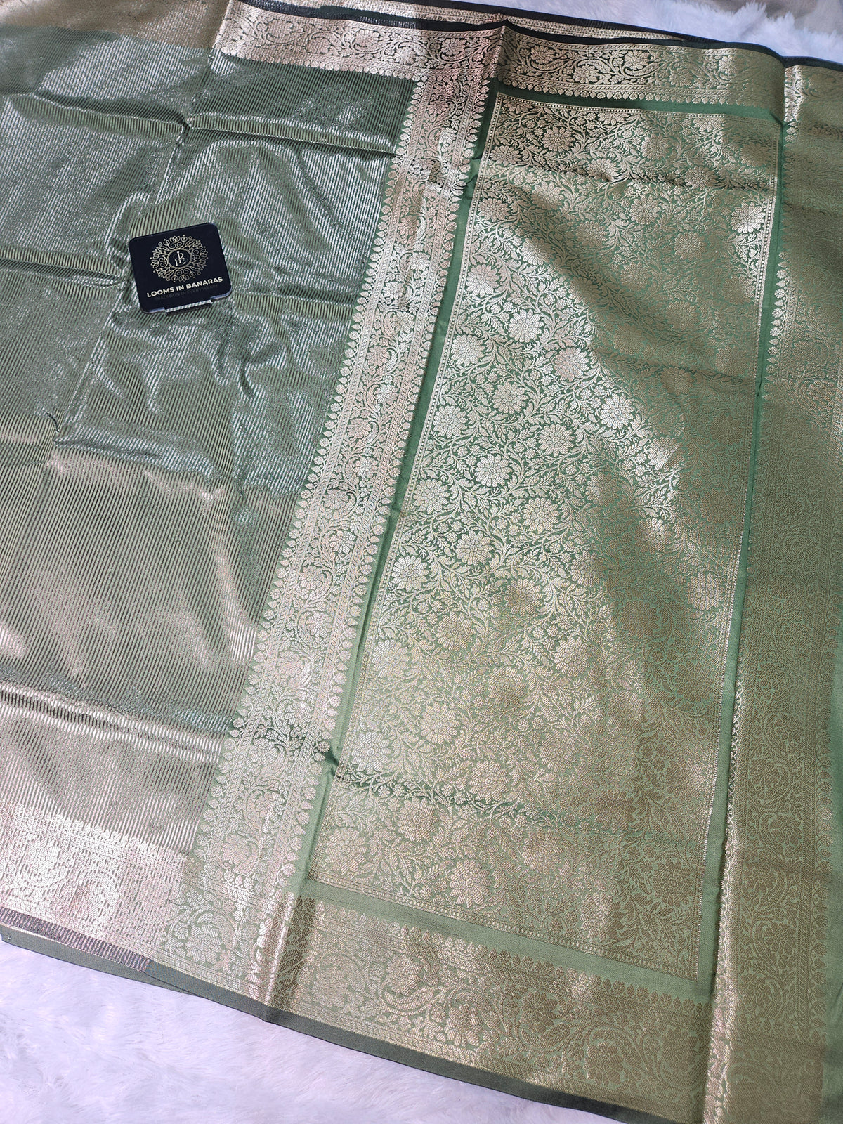 Mehndi Banarasi Soft Tissue Zari Stripe Design Saree