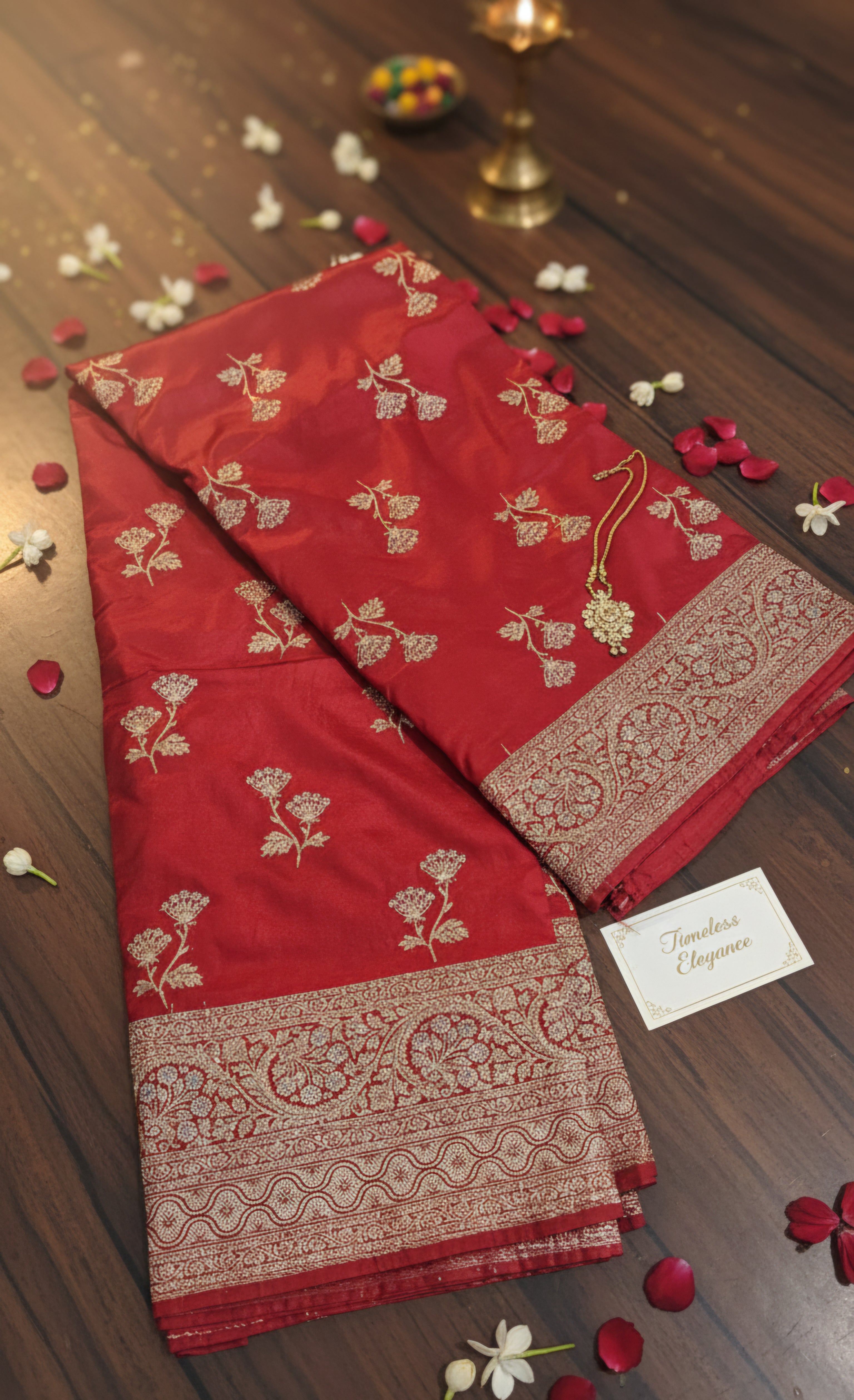 Banarasi Red Malai Katan Silk Alfi Booti Saree