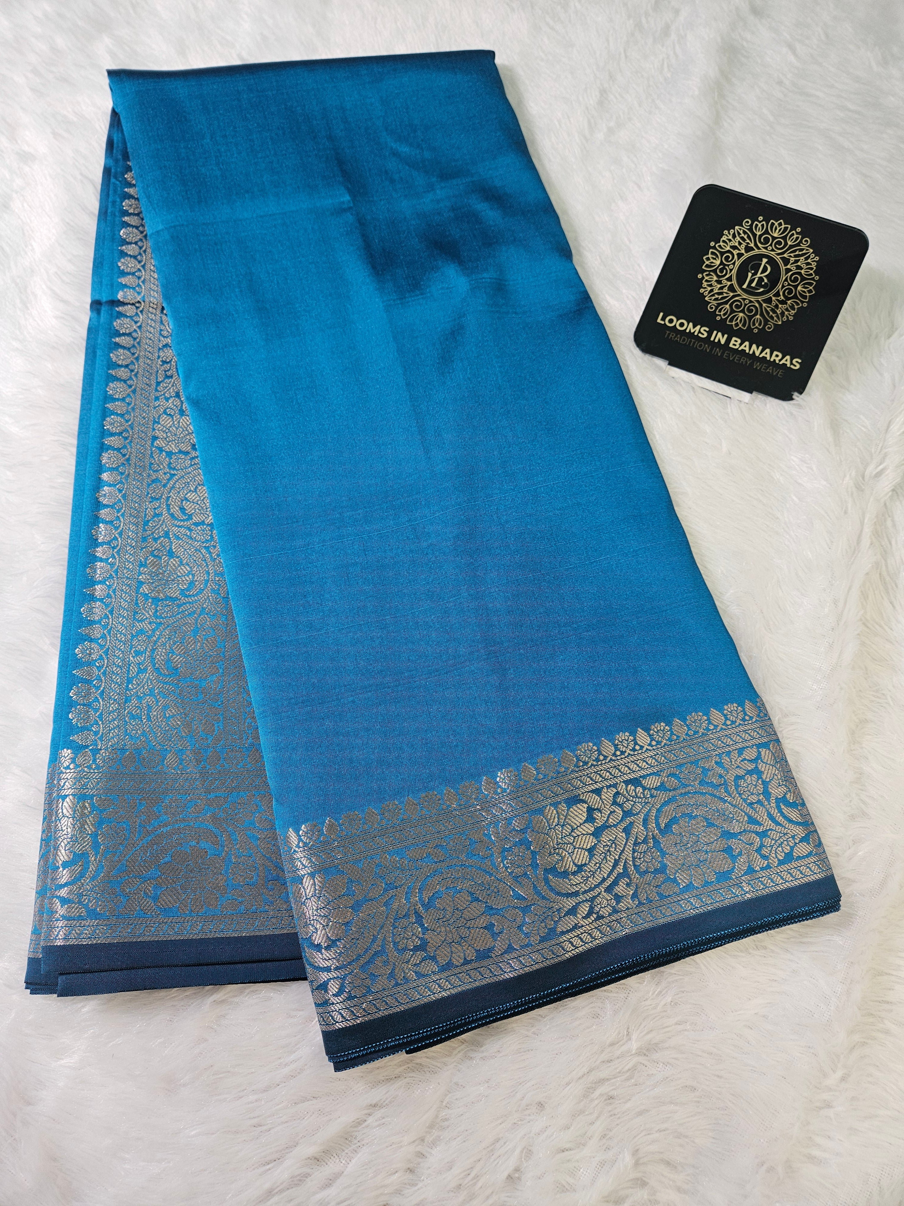 Banarasi Firozi Plain Saree Zari Aanchal Border Design