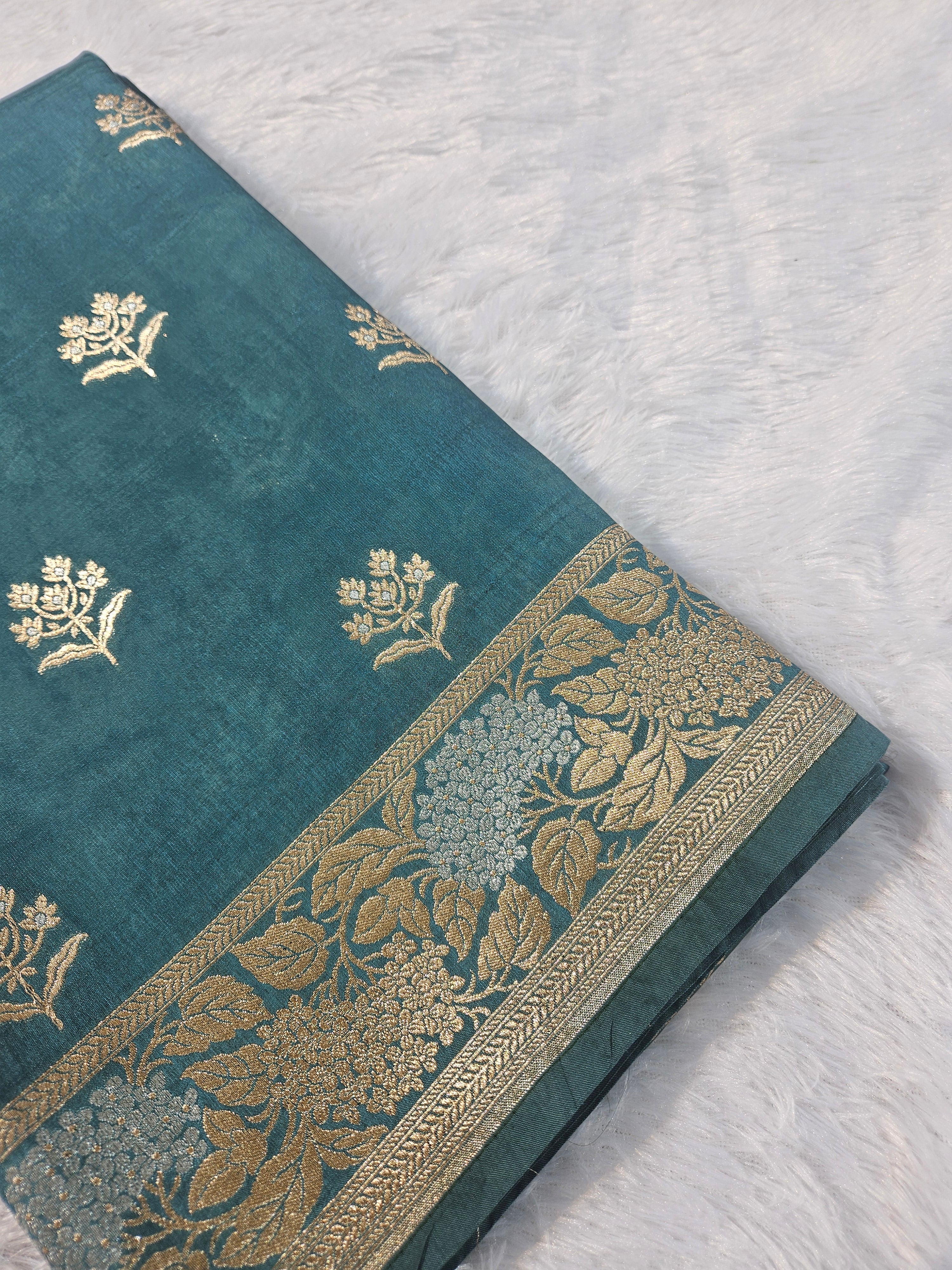 Dusty Rama Green Banarasi Viscose Silk Saree Buti Design