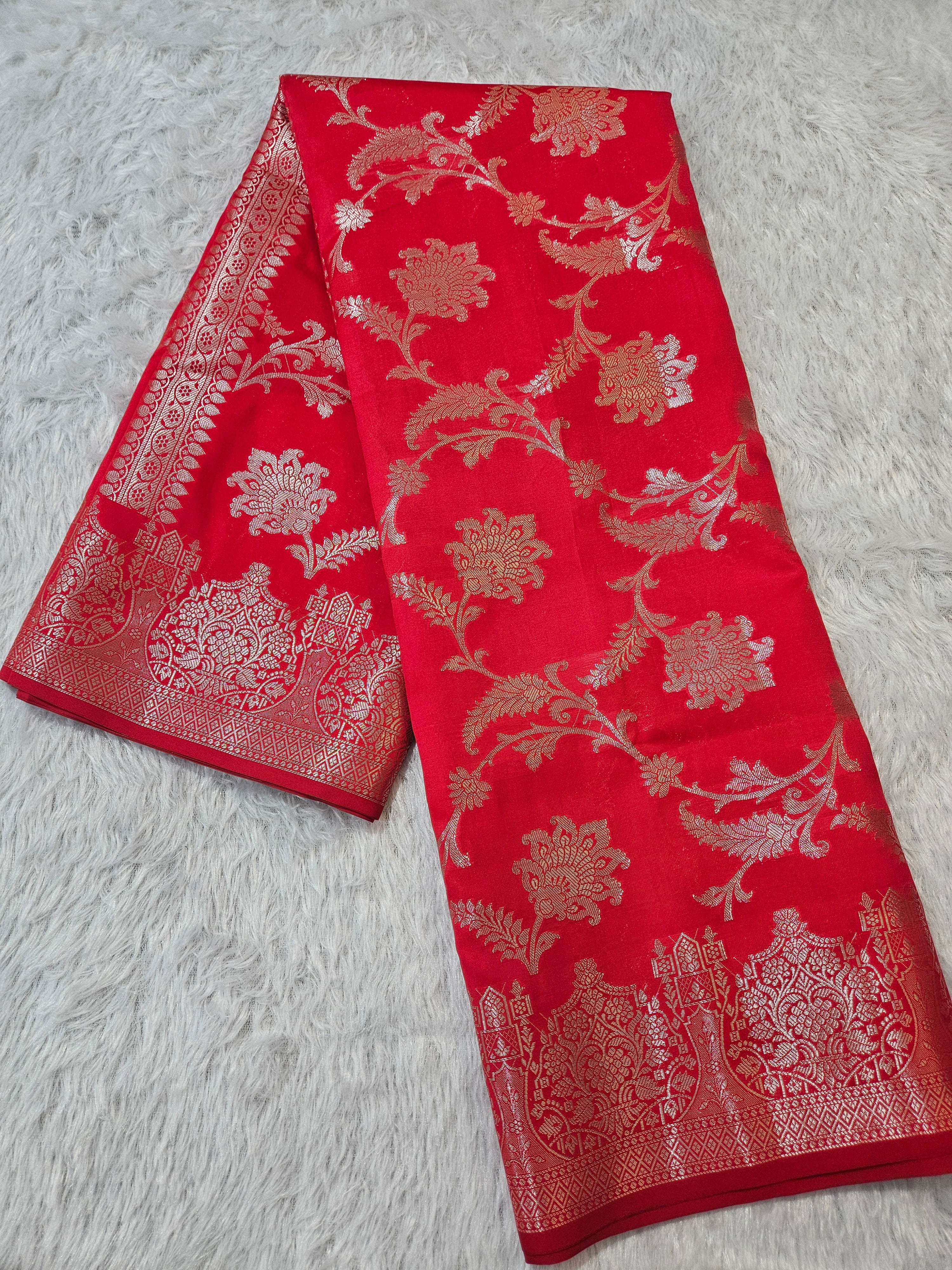 Banarasi Silk Red Jaal Zari Border Saree
