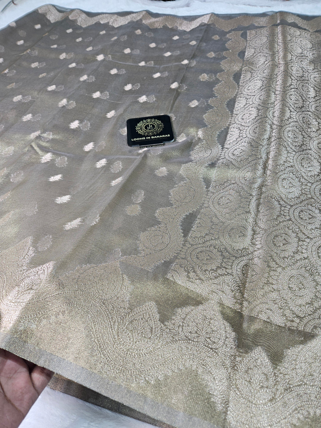 Golden Olive Banarasi Tissue Zari Buti Design Saree