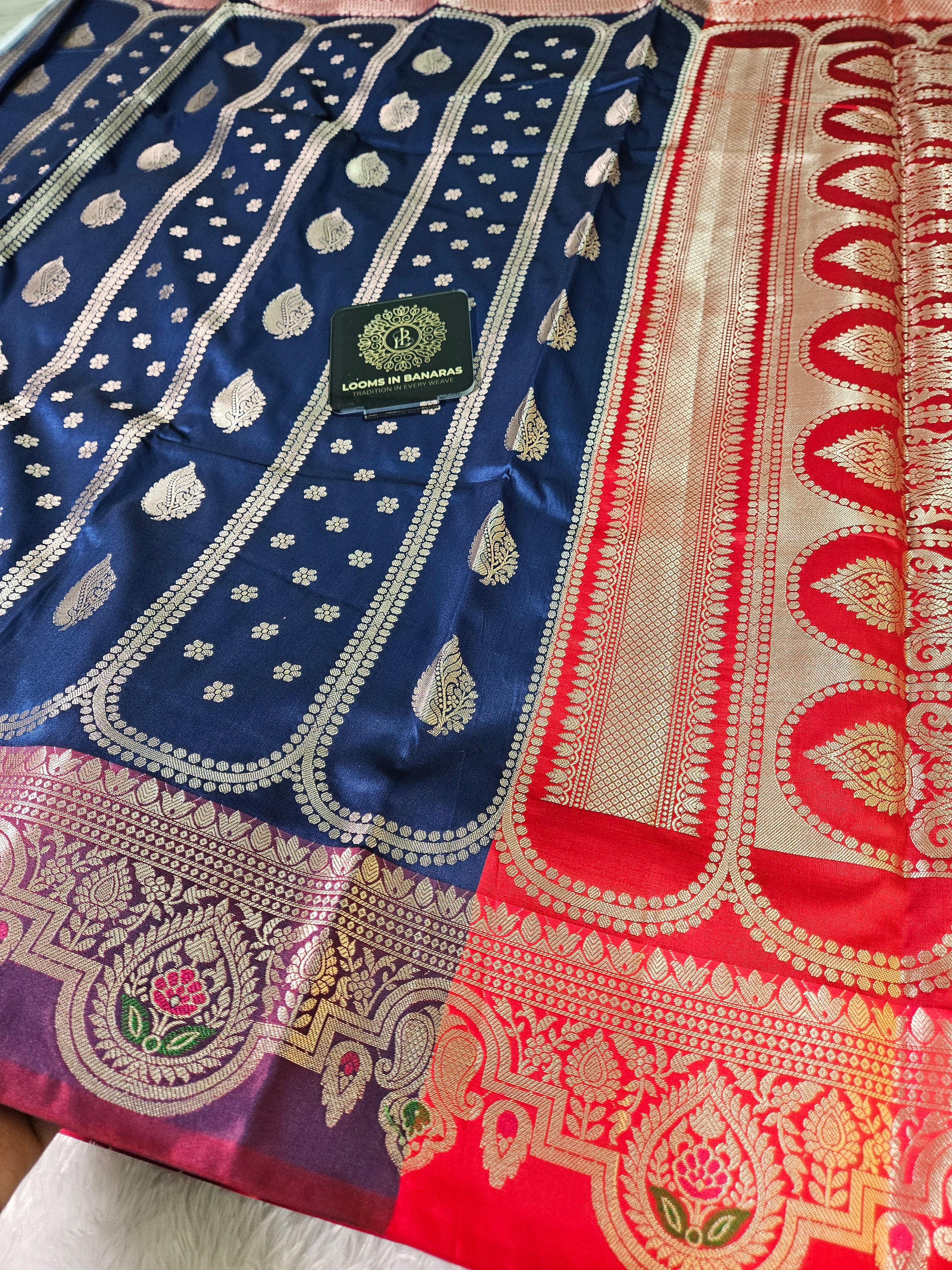 Blue and Red Contrast Banarasi Silk Jaal Zari Border Saree