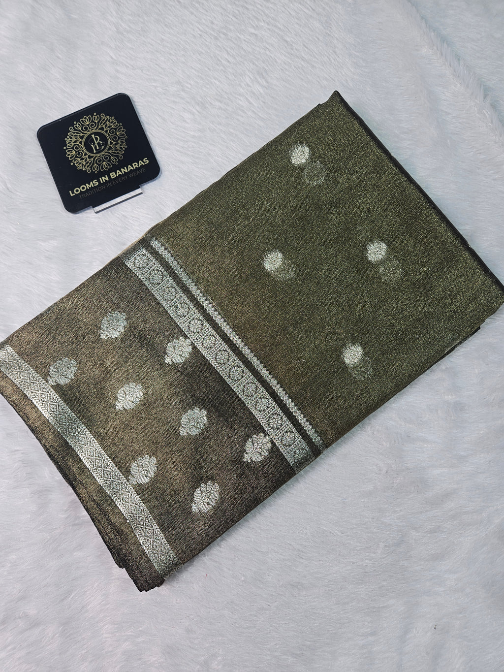 Blackish Gold Banarasi Tissue Zari Buti Design Saree