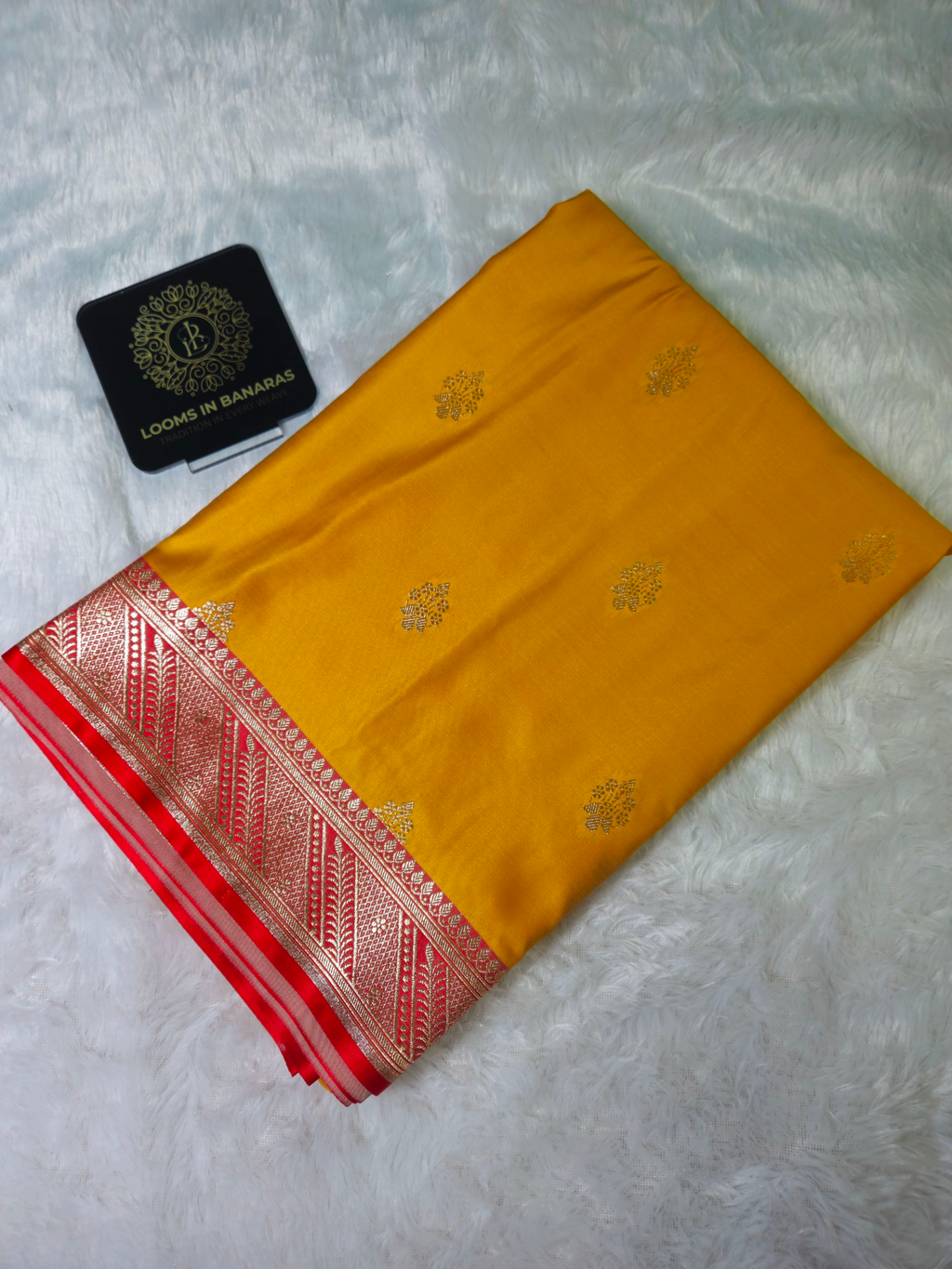 Banarasi Yellow And Red Contrast Mashru Silk Banarasi Border Booti Saree
