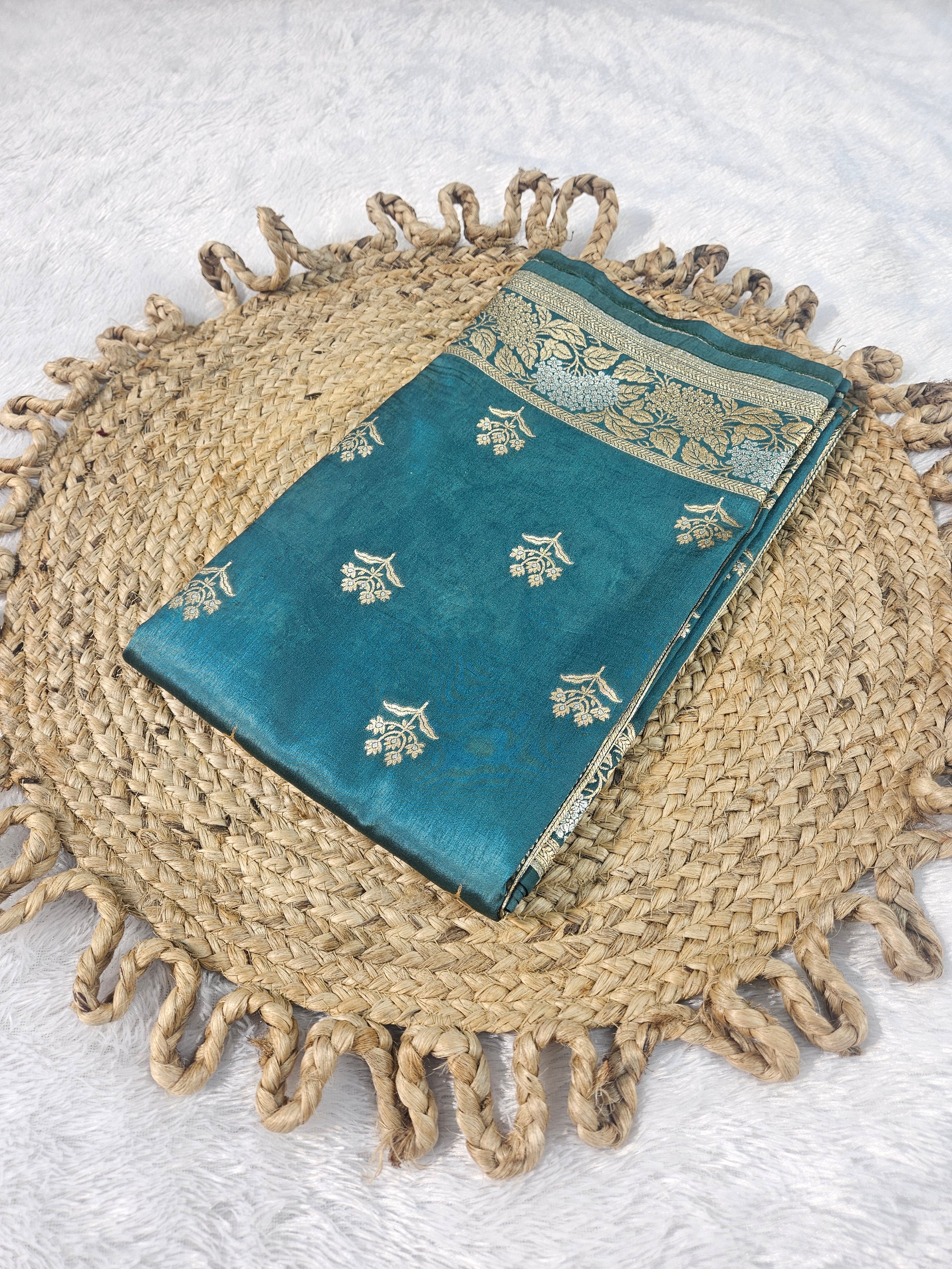 Dusty Rama Green Banarasi Viscose Silk Saree Buti Design