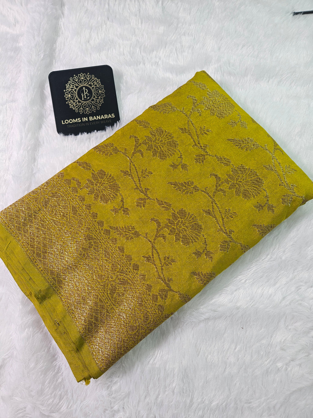 Banarasi Georgette Mustar Saree with Antique Zari Border Jaal