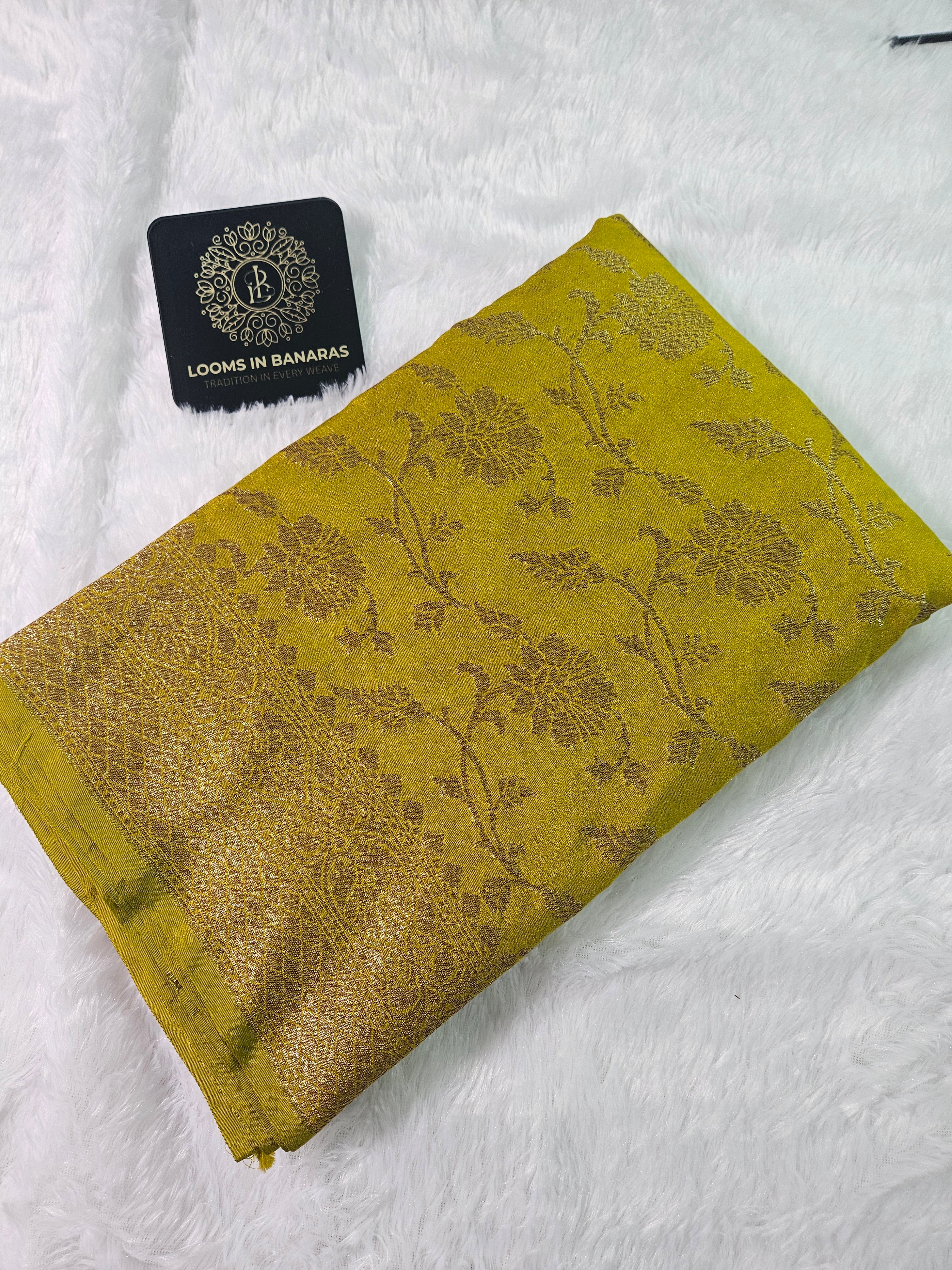 Banarasi Georgette Mustar Saree with Antique Zari Border Jaal