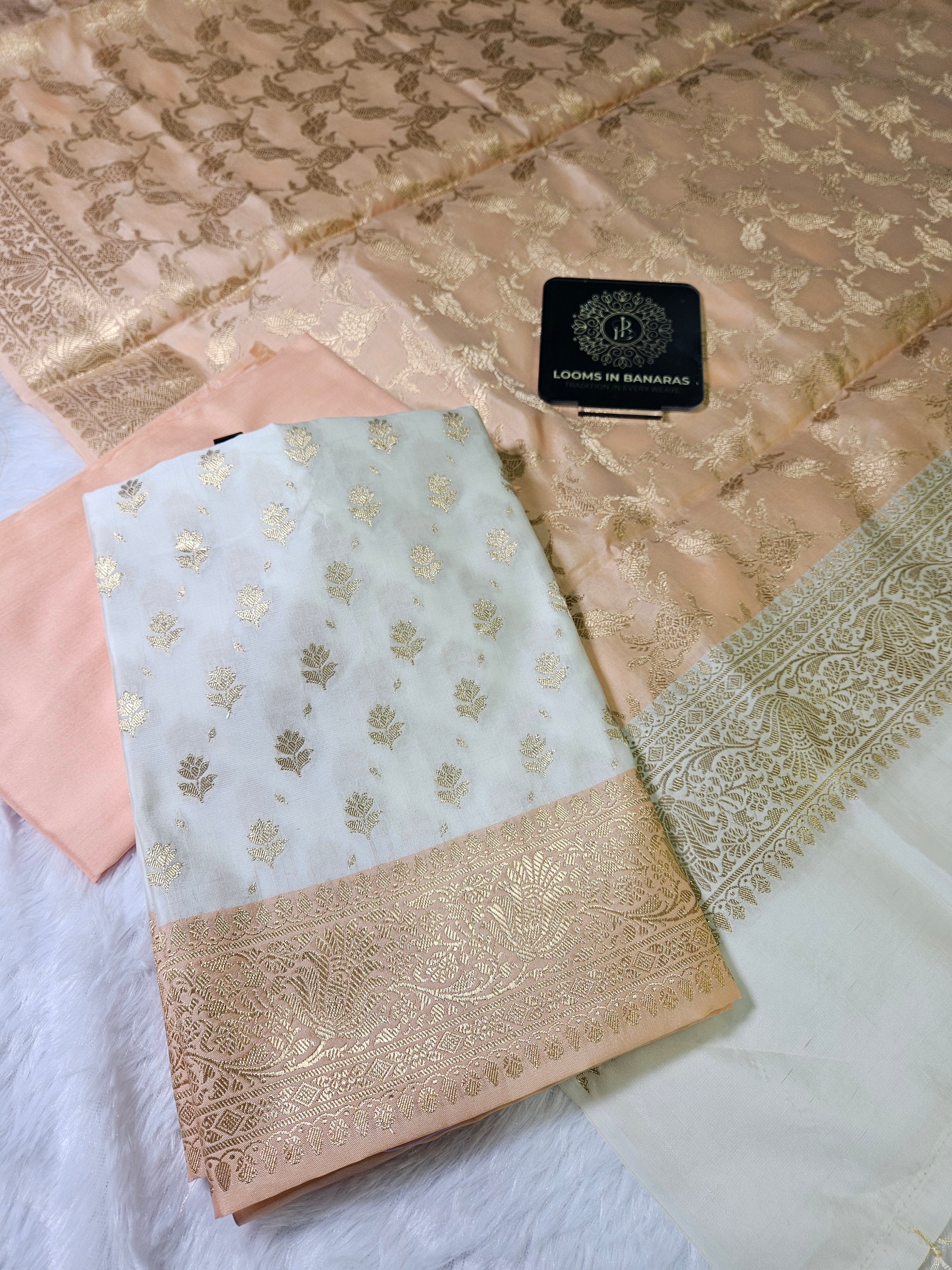 White And Peach Contrast Zari Buti Banarasi Silk Suit