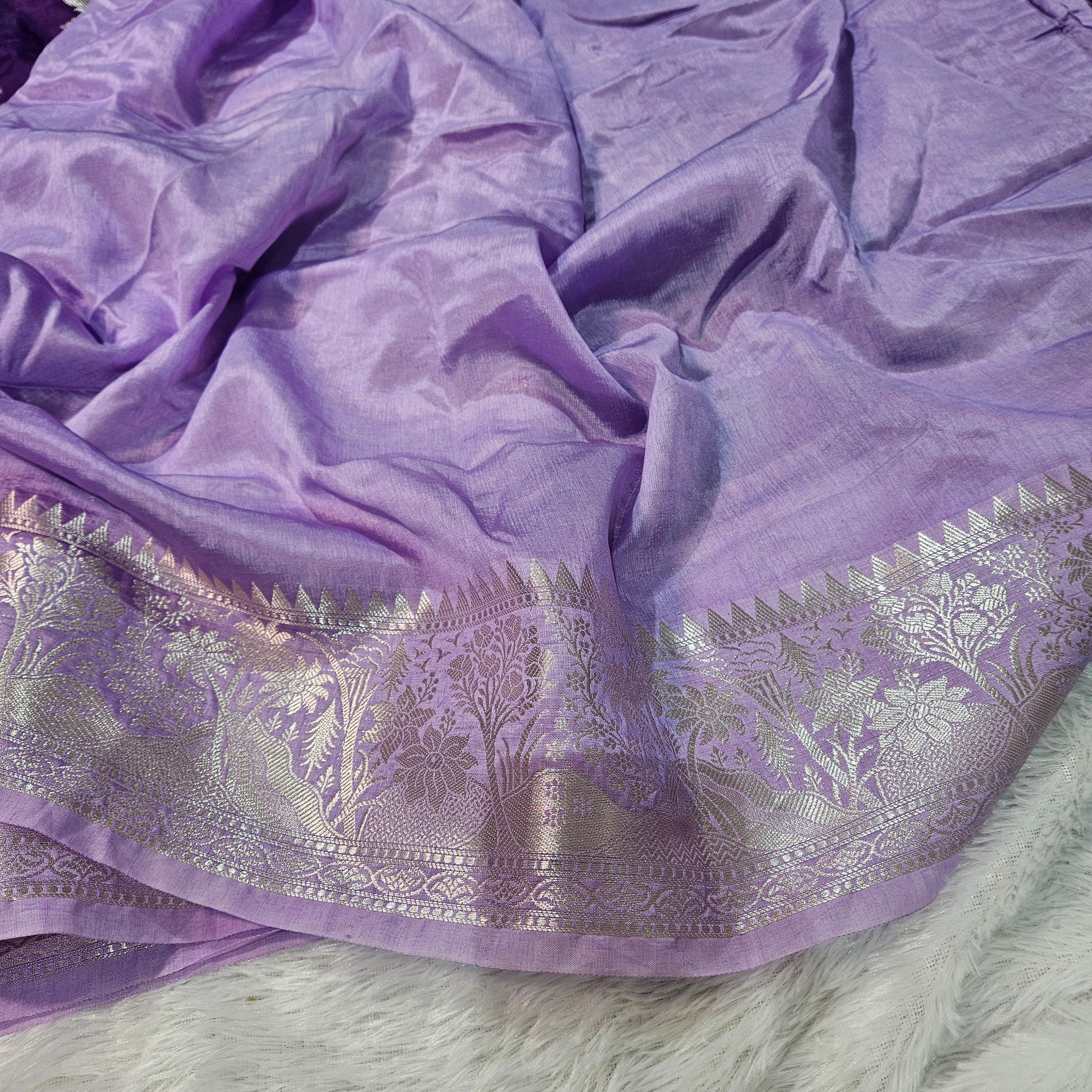Purple and Lavender Contrast Banarasi Viscose Silk Saree Mina Buta with Zari Border