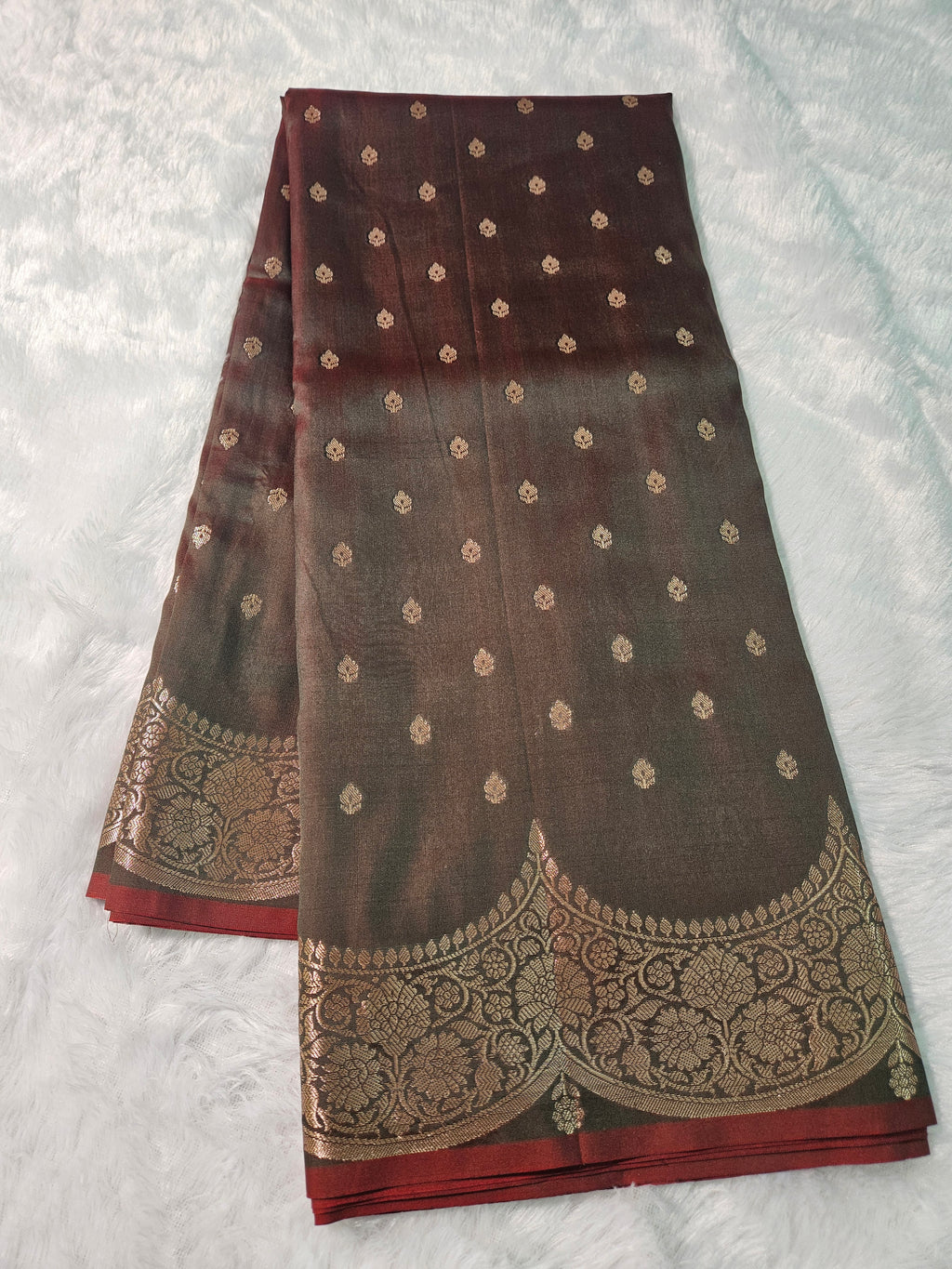 Banarasi Silk Brown Buti Zari Scallop Border Saree