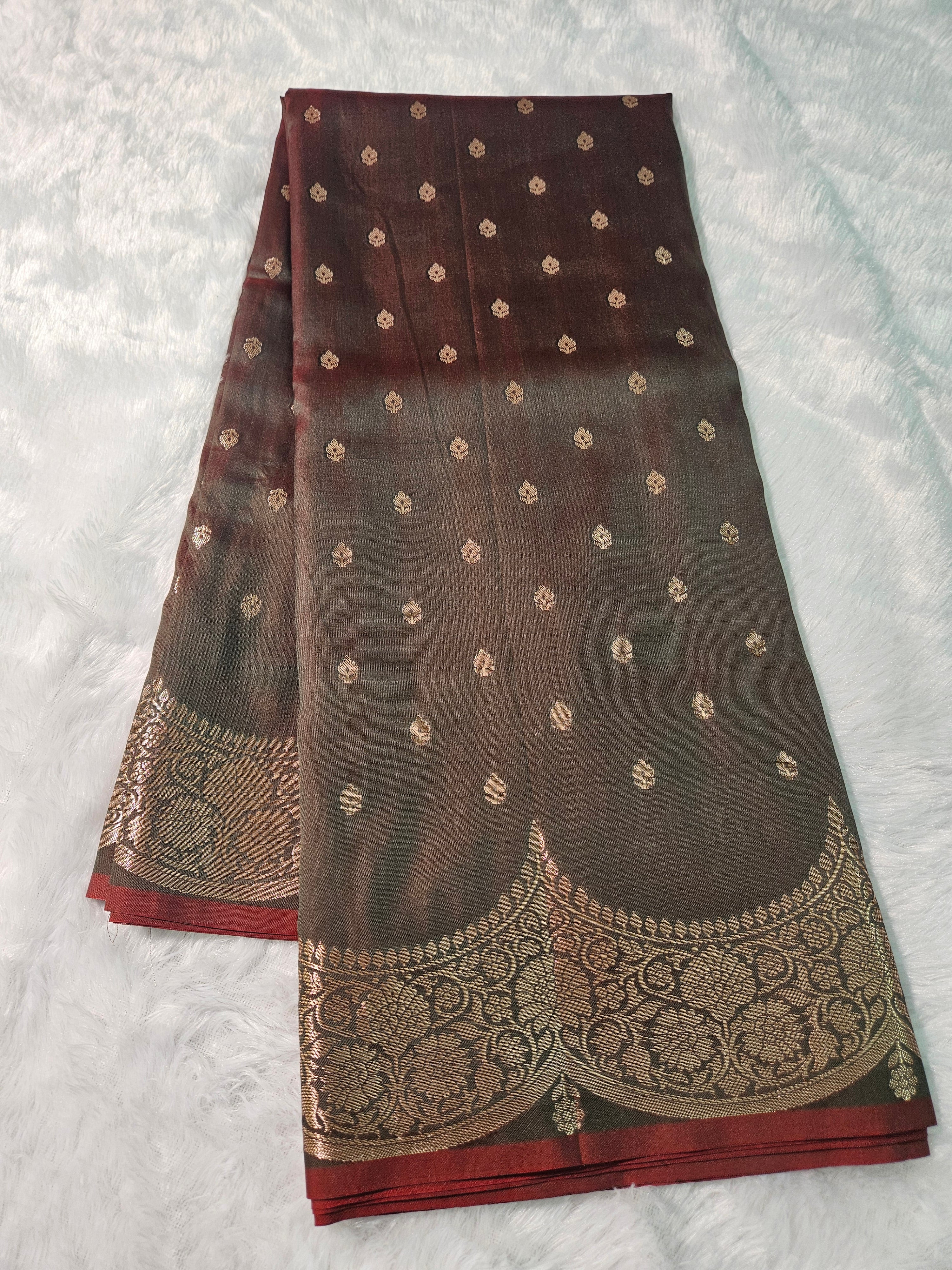 Banarasi Silk Brown Buti Zari Scallop Border Saree