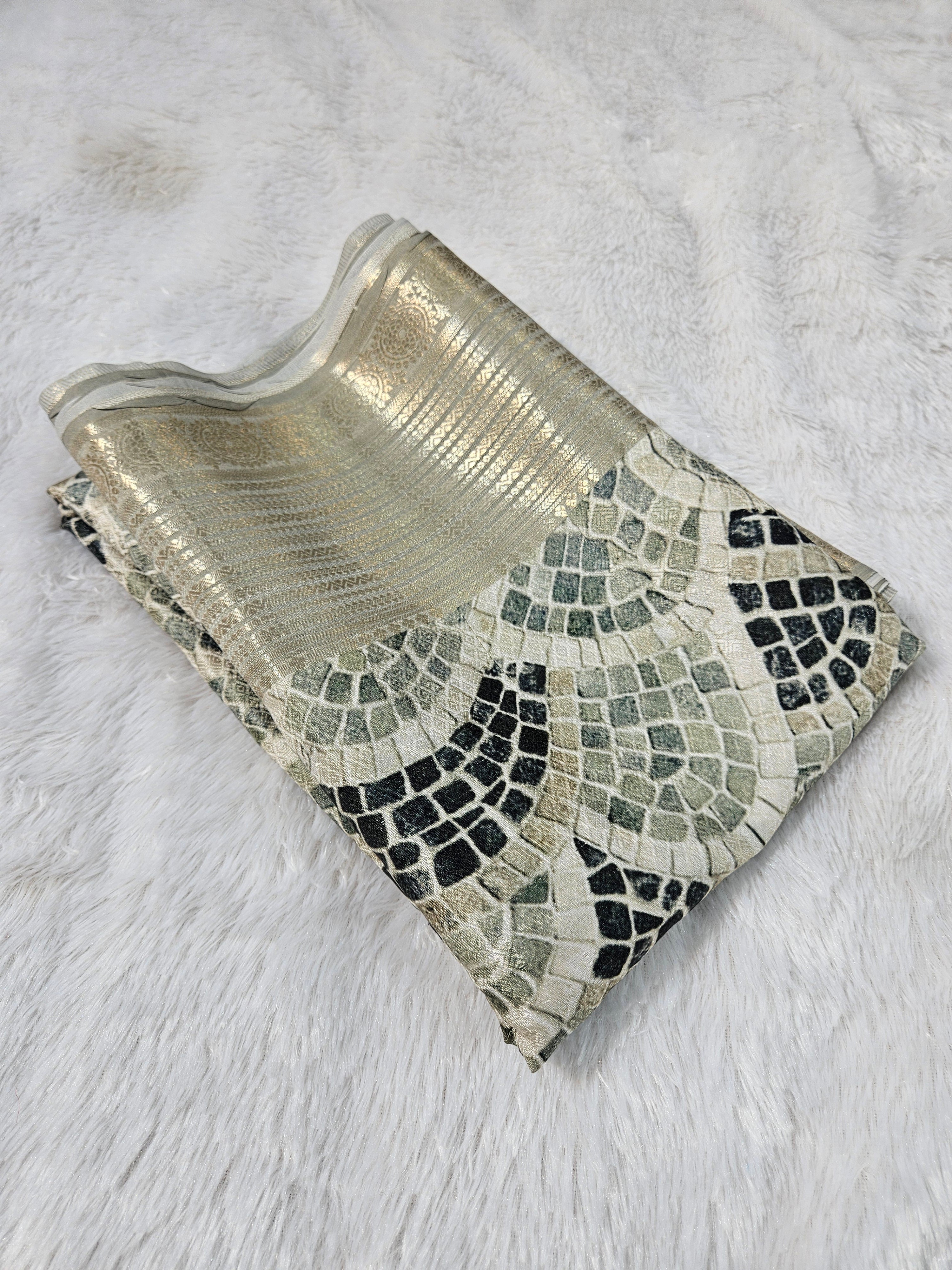 Pista Grey Banarasi Tanchui Digital Print Silk Saree with floral prints