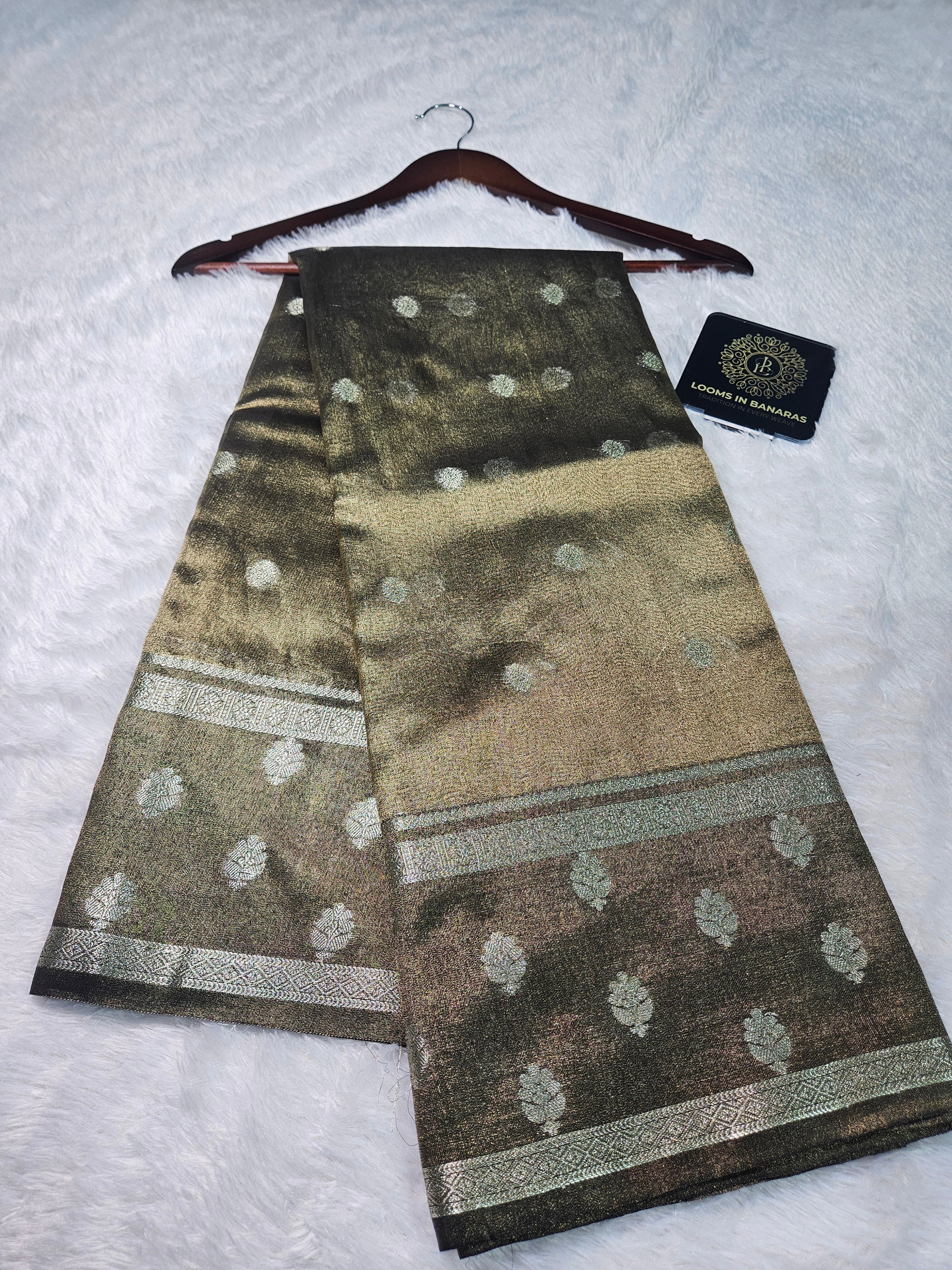 Blackish Gold Banarasi Tissue Zari Buti Design Saree