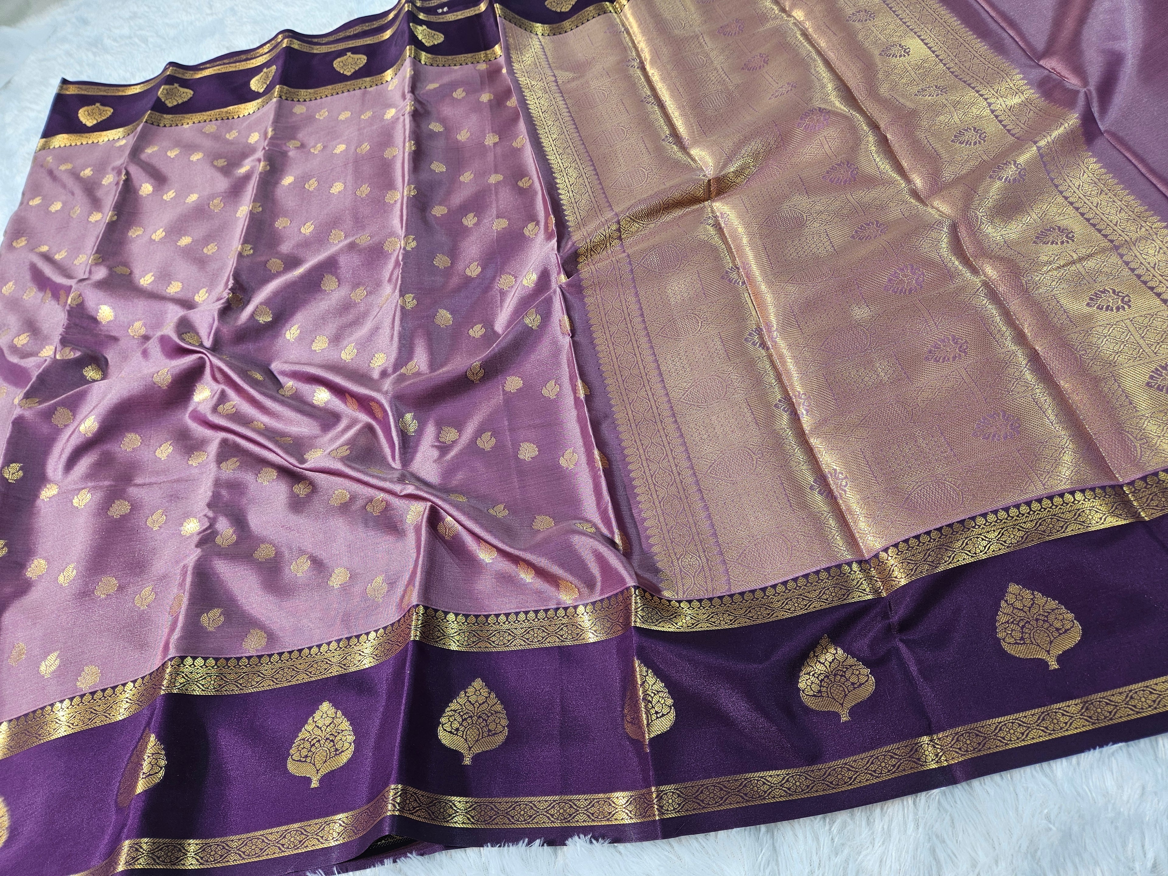 Dusty Lavender Soft Katan Silk Saree with a buti design