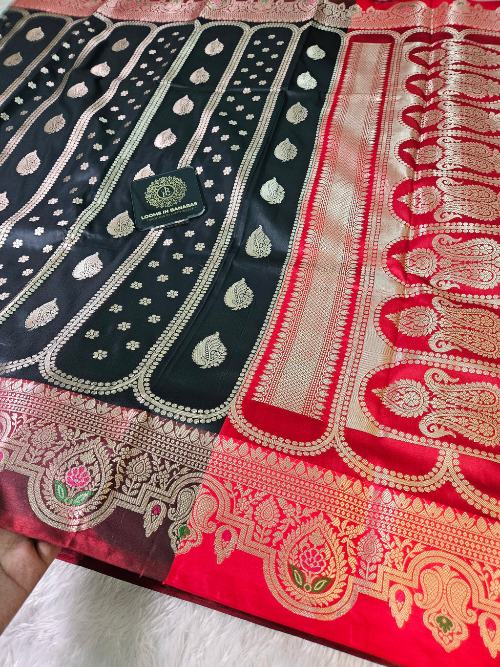 Black and Red Contrast Banarasi Silk Jaal Zari Border Saree