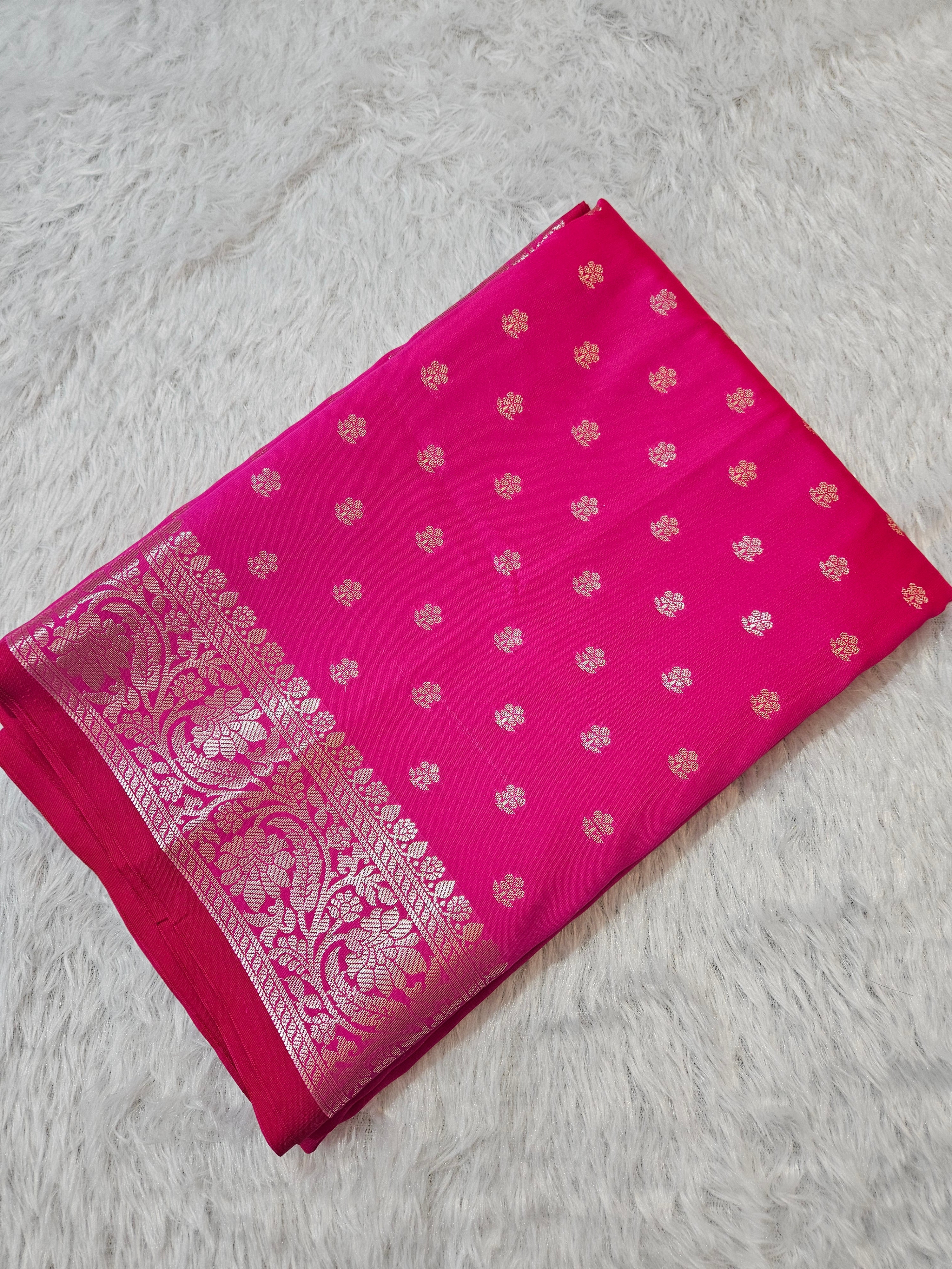 Banarasi Silk Rani Pink Buti Zari Border Saree