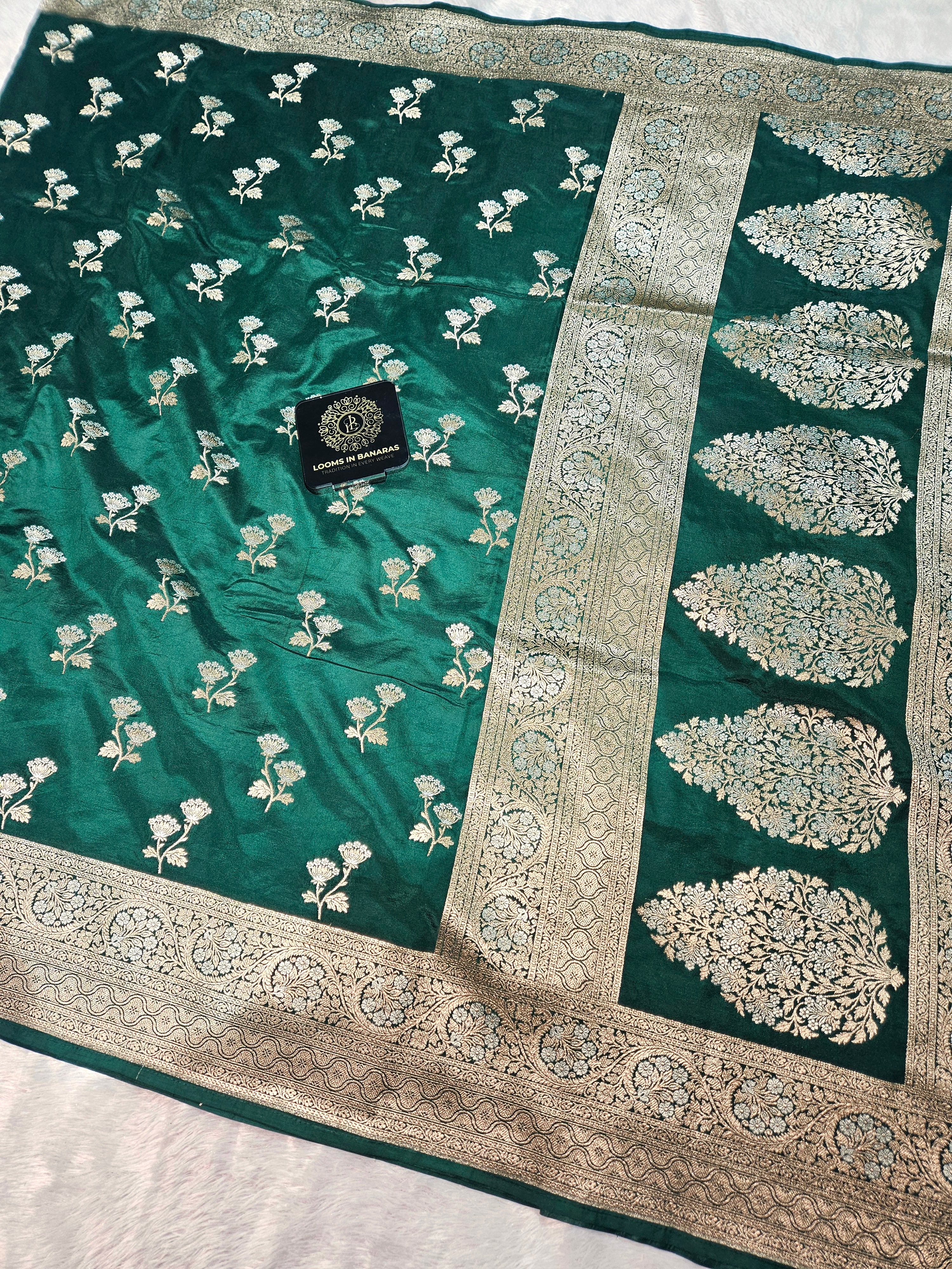 Banarasi Bottle Green Malai Katan Silk Alfi Booti Saree
