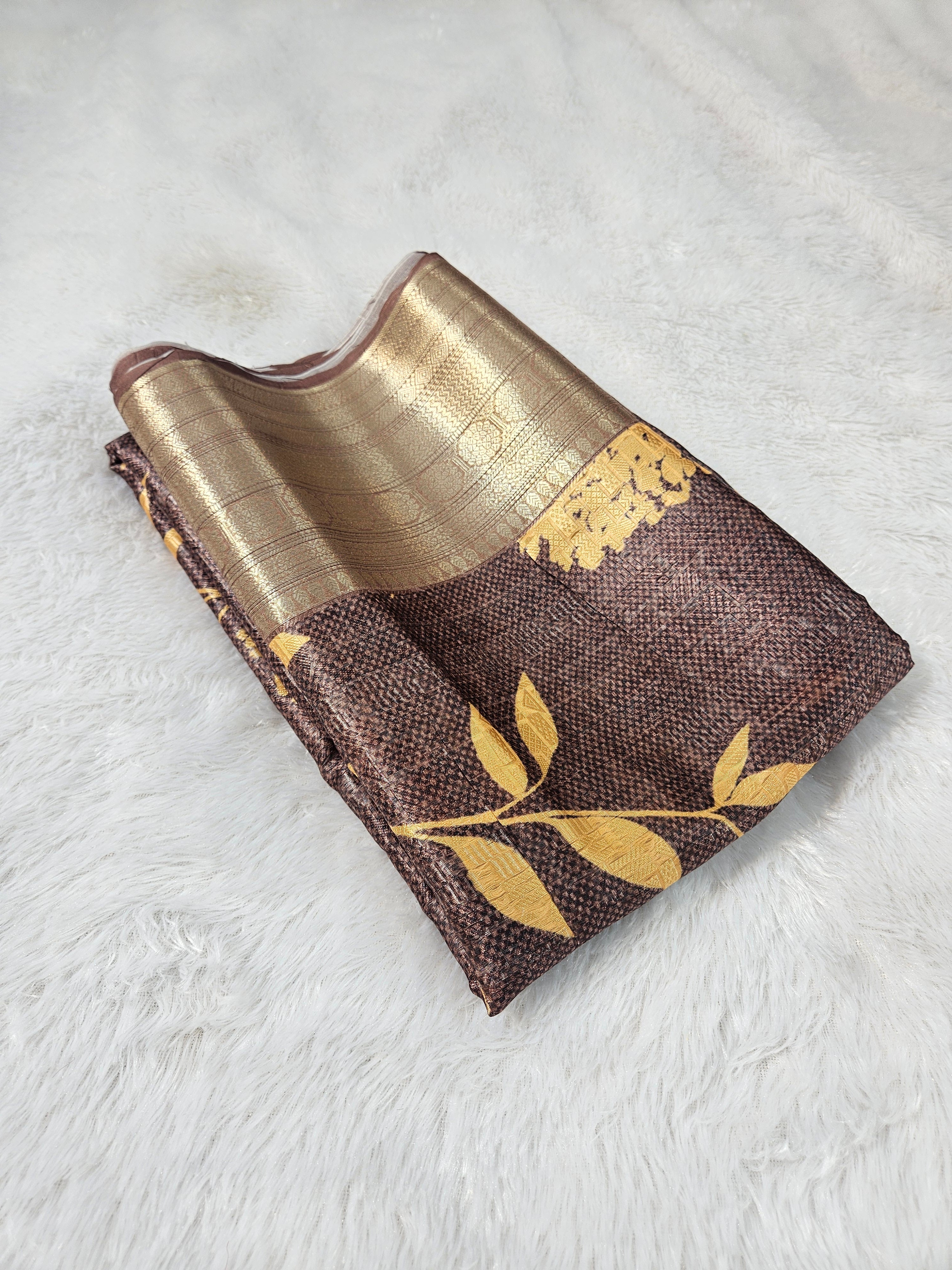 Coffee Brown Banarasi Tanchui Digital Print Silk Saree with floral prints