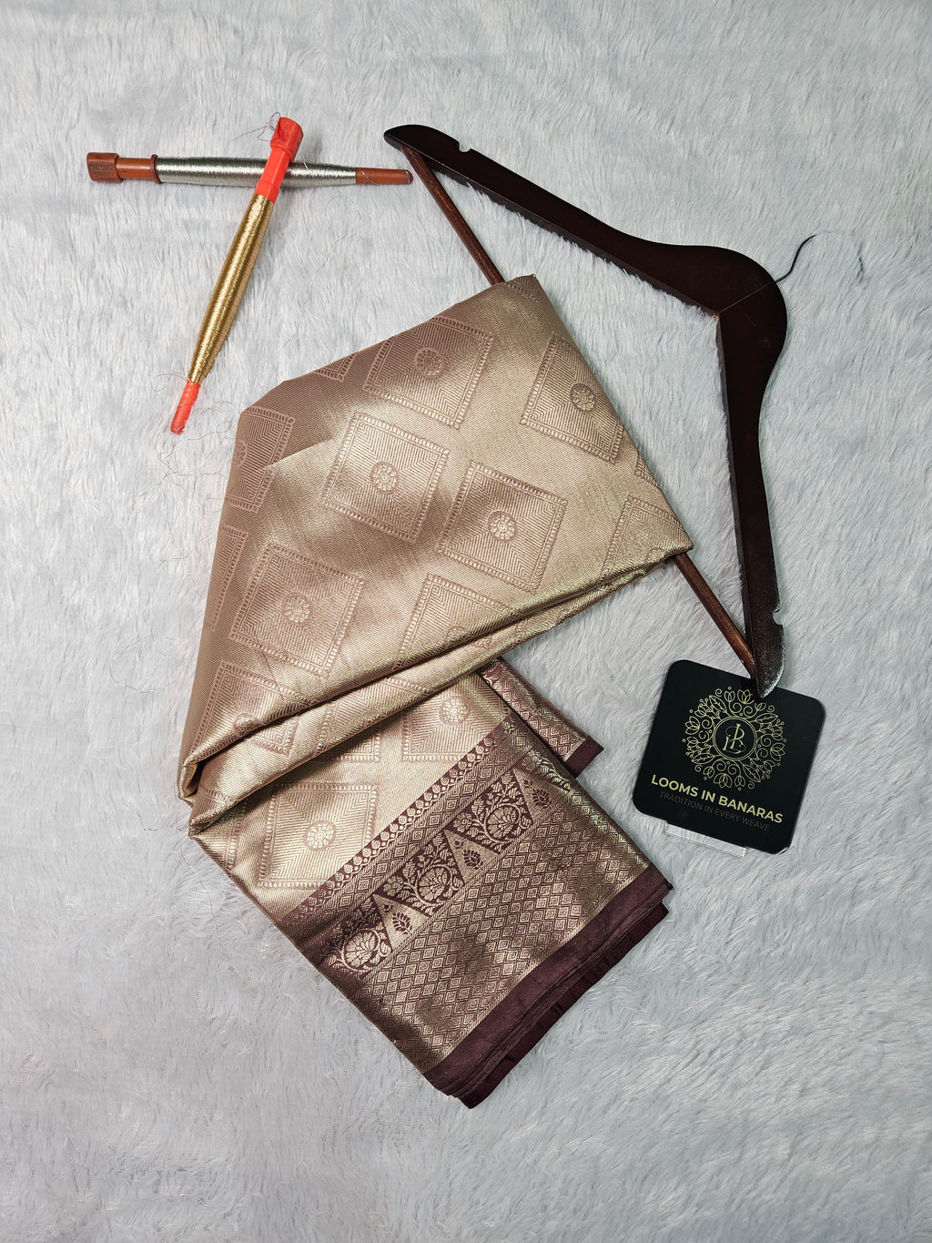 Beige Gold Banarasi Soft Tissue Zari Brocade Design Saree Contrast