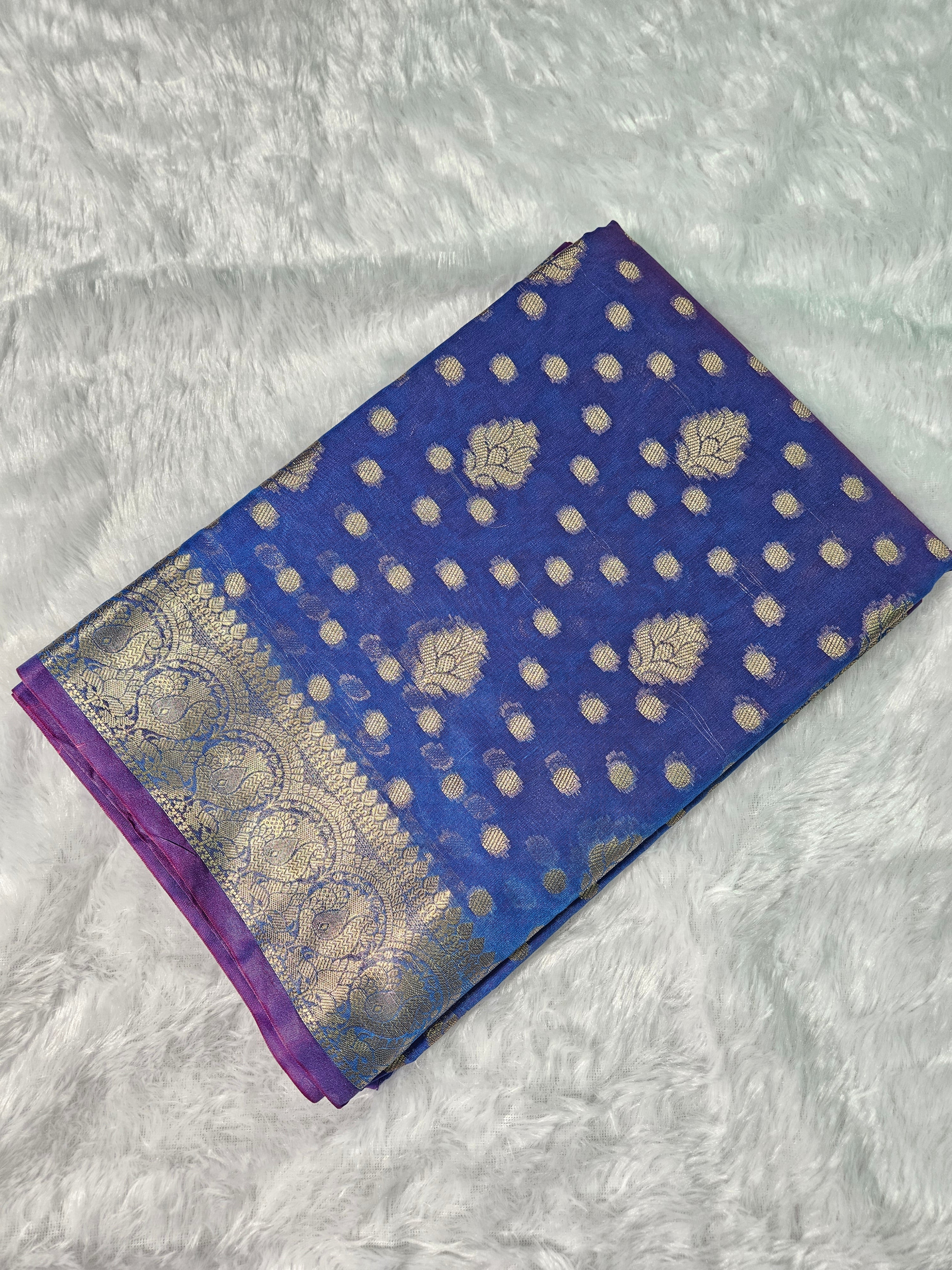 Banarasi Silk Blue Buti Zari Border Saree