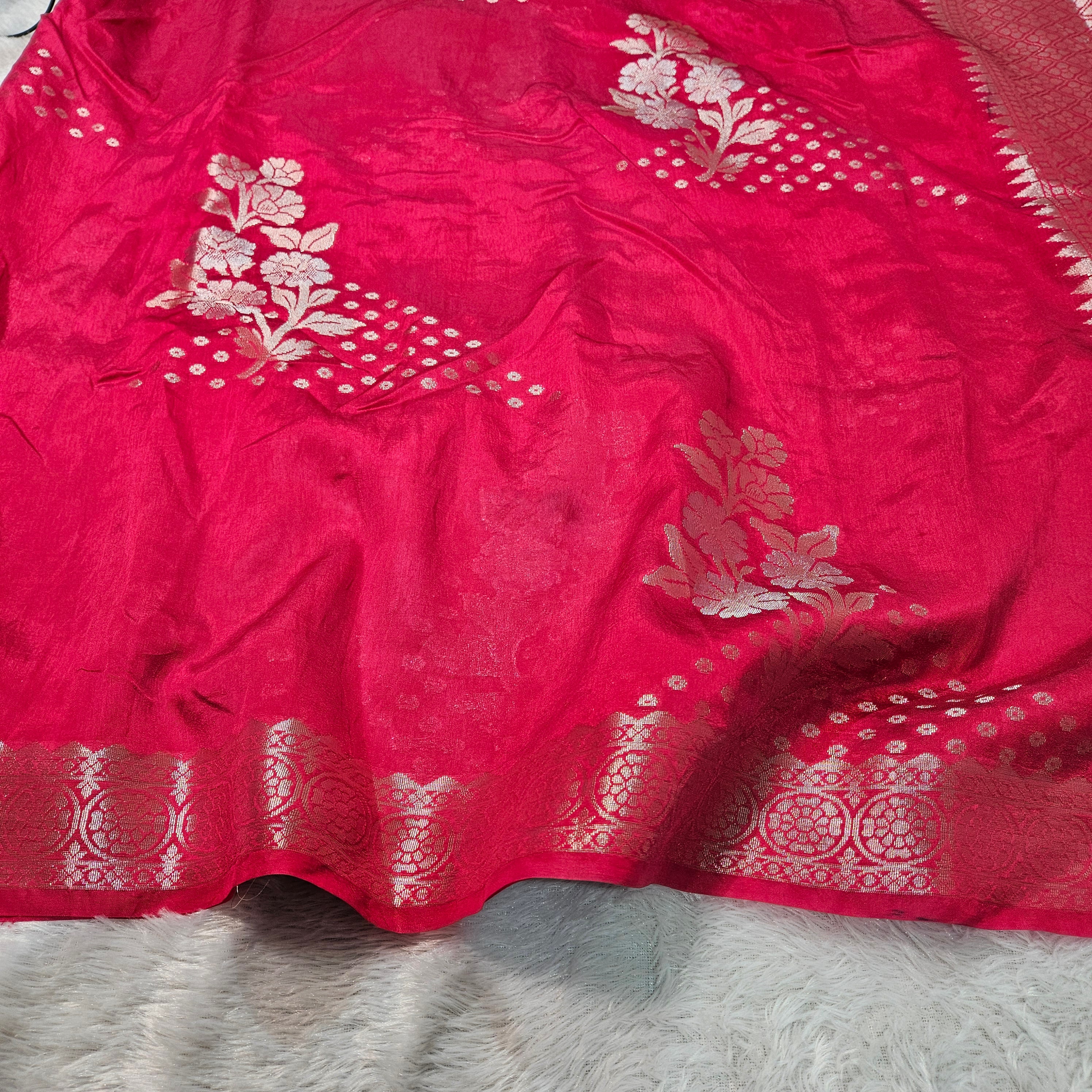 Rani Pink Banarasi Viscose Silk Saree Geometric Buta with Zari Border