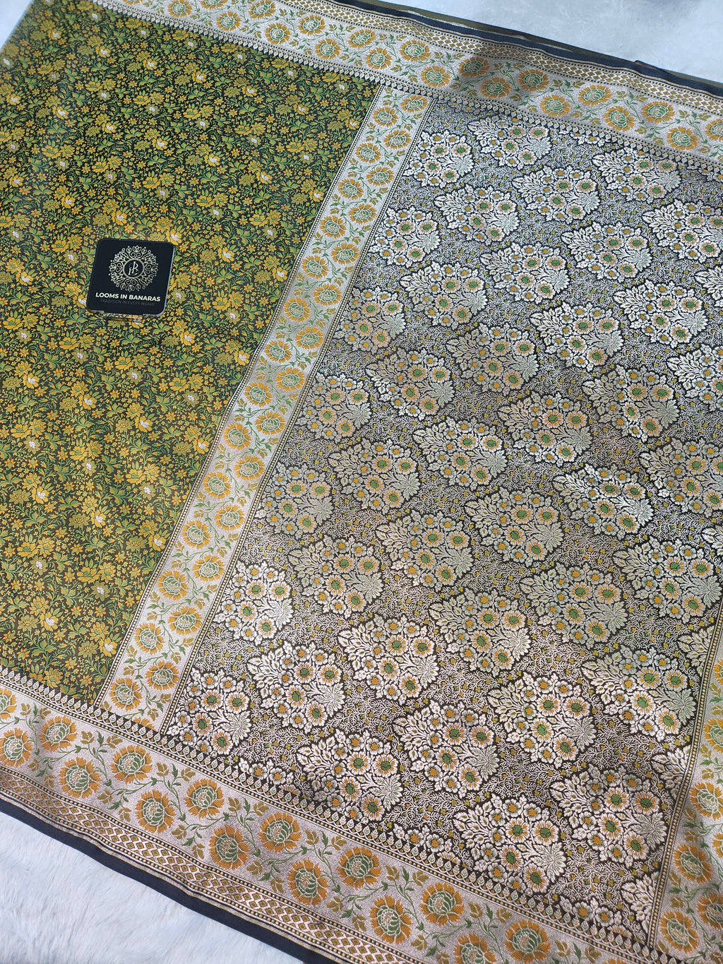 Bottle Green Banarasi Jamewar Satin Silk Saree with Green Multi Mina.