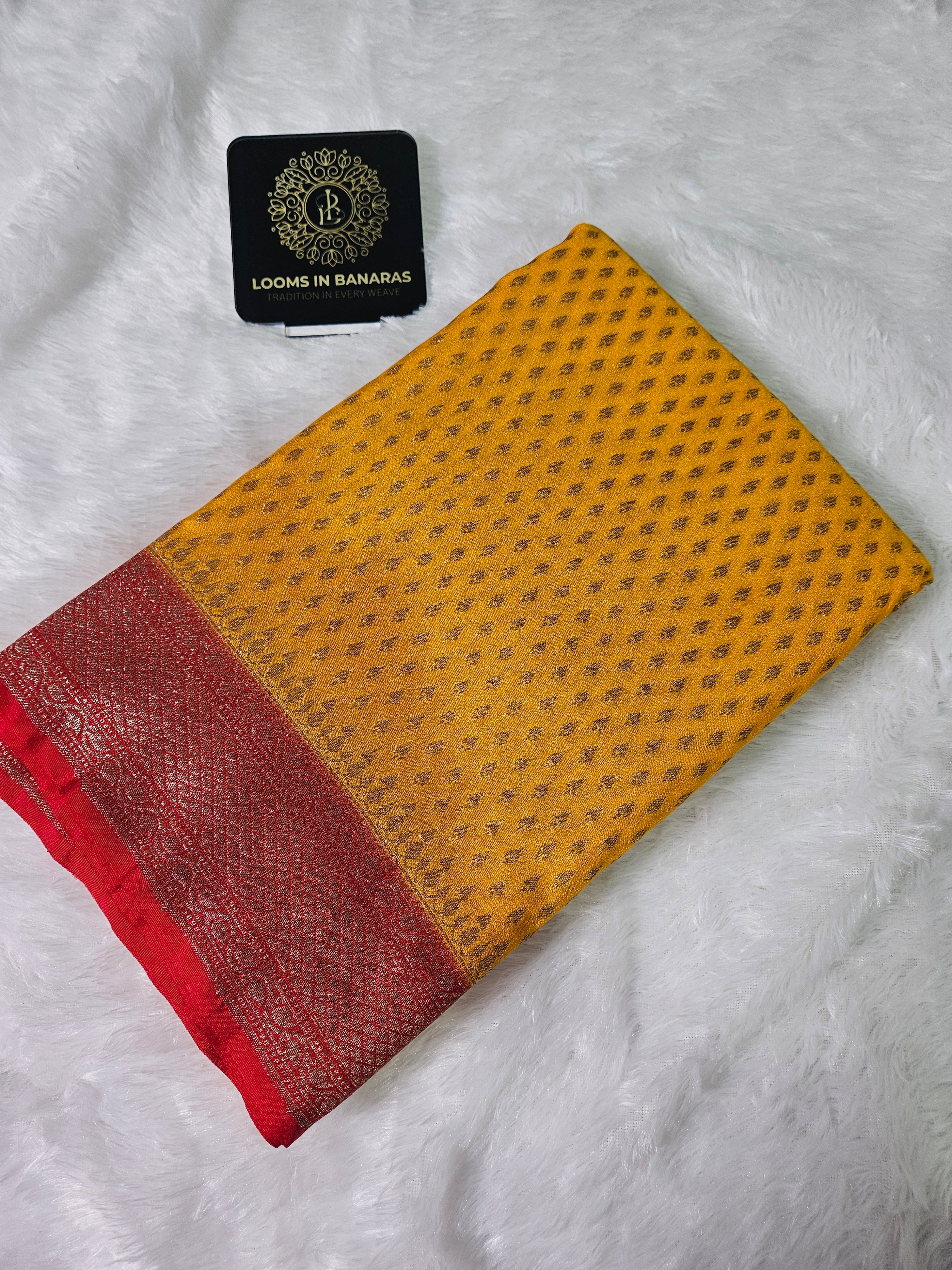 Banarasi Georgette Yellow Contrast Red Saree with Antique Zari Border buti