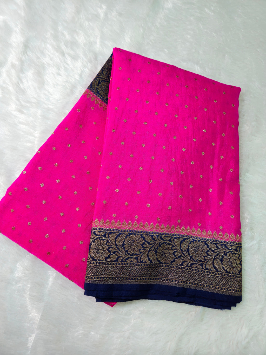 Banarasi Georgette Rani Pink Contrast Navy Blue Saree with Antique Zari Border buti