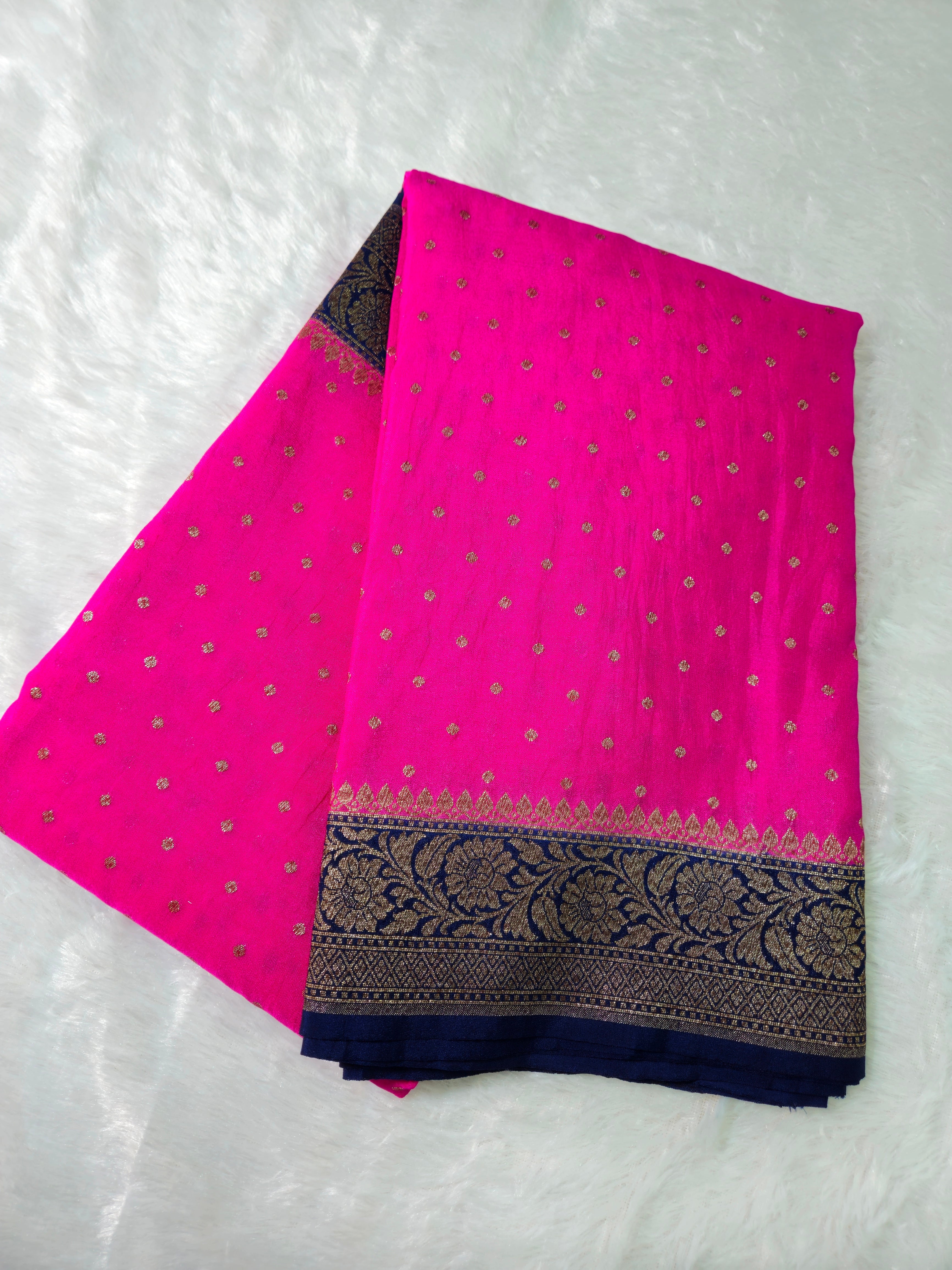 Banarasi Georgette Rani Pink Contrast Navy Blue Saree with Antique Zari Border buti