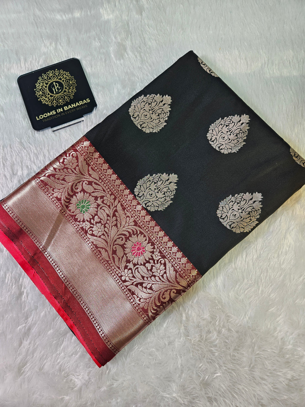 Black and Red Contrast Banarasi Silk Buta Zari Border Saree