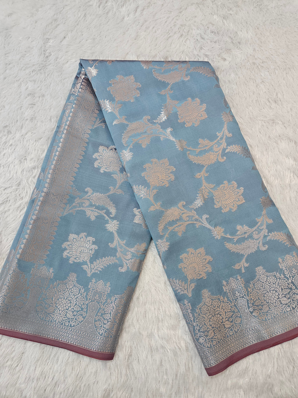 Banarasi Silk Blue Steel Grey Jaal Zari Border Saree