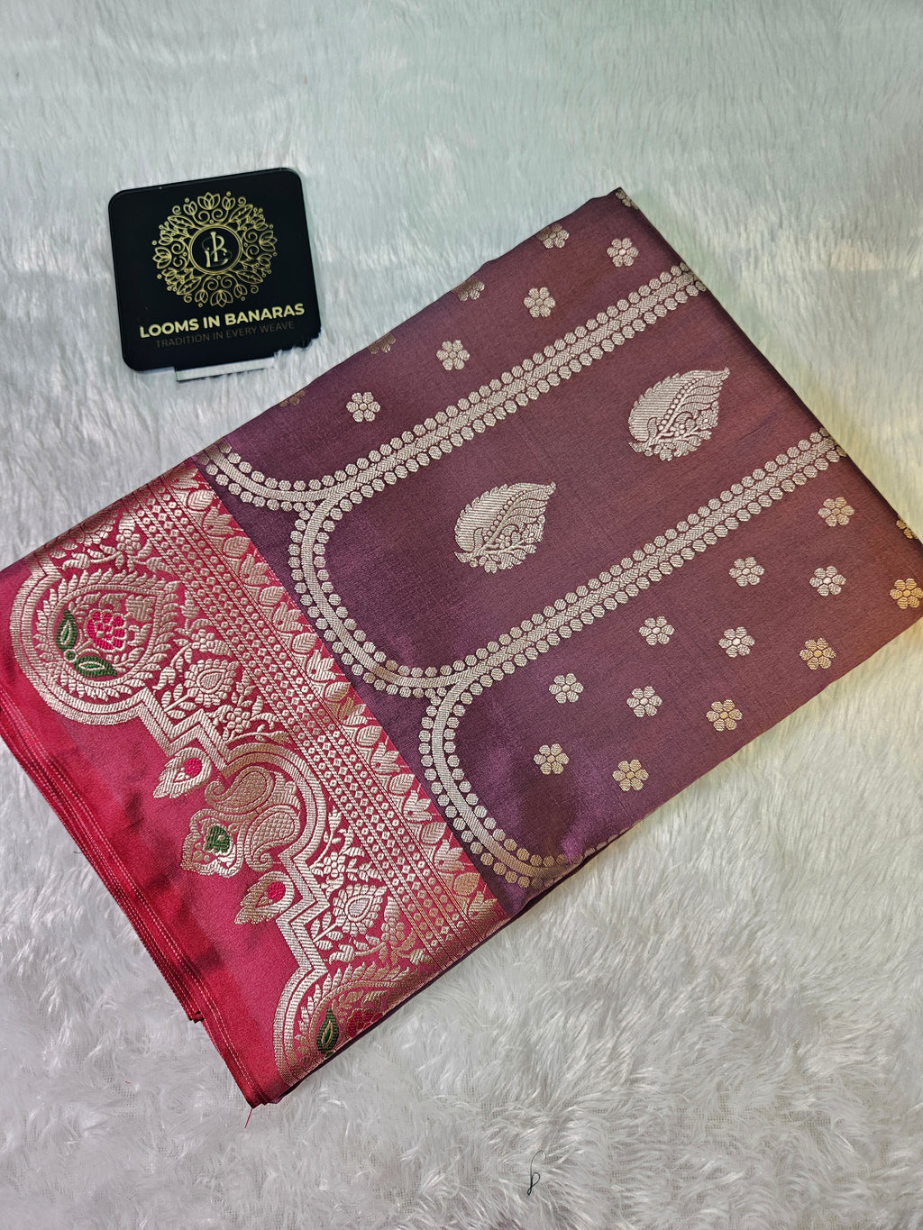 Mauve Purple and Red Contrast Banarasi Silk Jaal Zari Border Saree