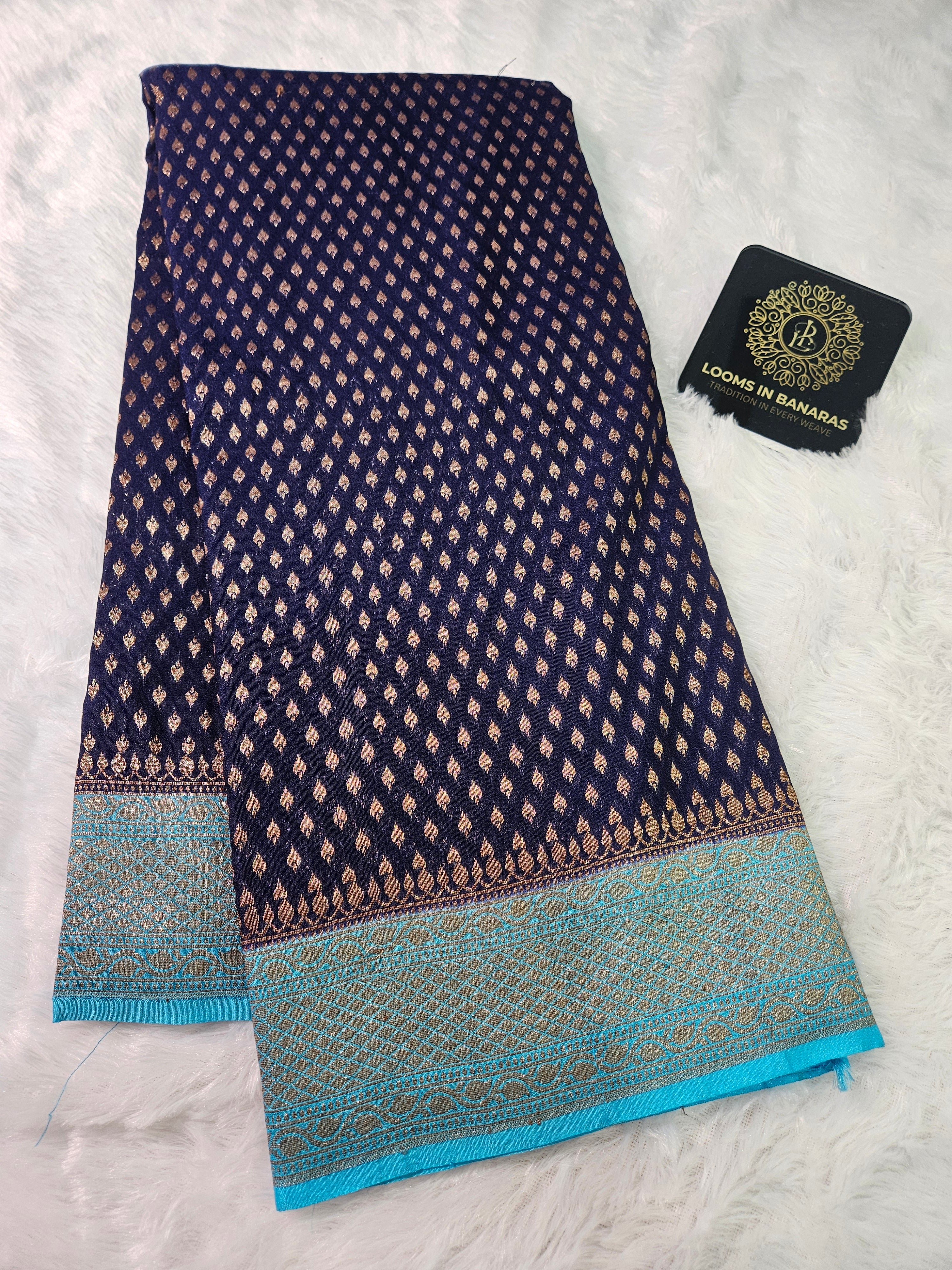 Banarasi Georgette Navy Blue Contrast Firozi Saree with Antique Zari Border buti