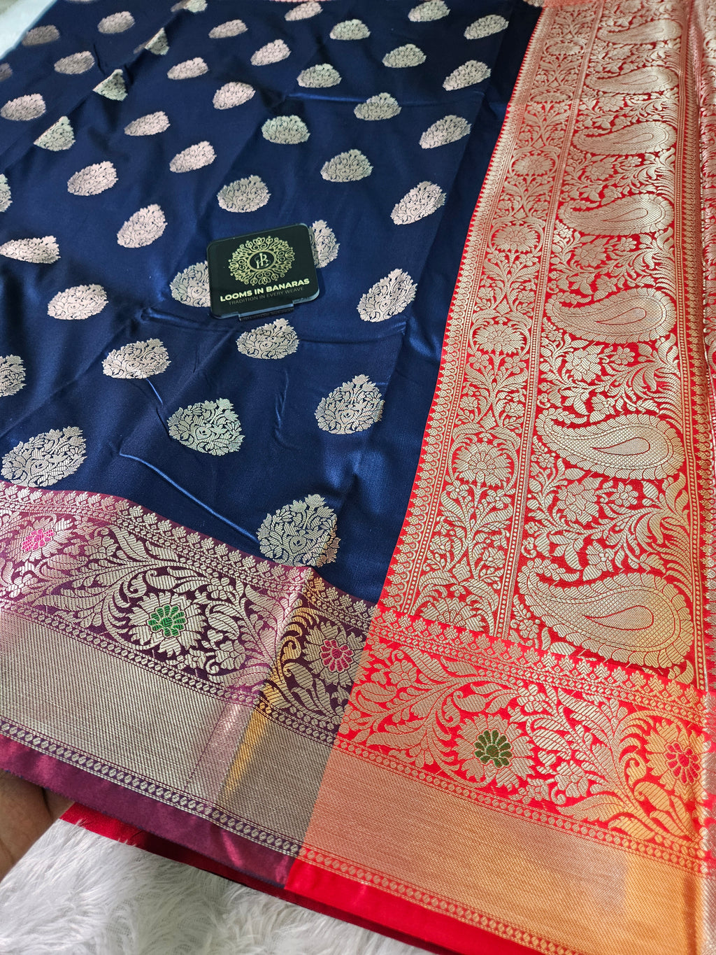 Blue and Red Contrast Banarasi Silk Buta Zari Border Saree