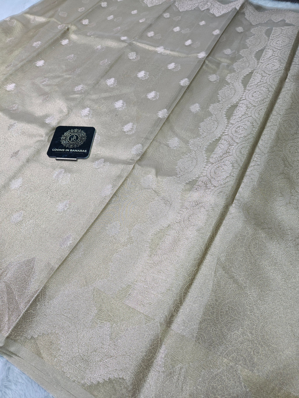 Light Gold Banarasi Tissue Zari Buti Design Scallop Border Saree