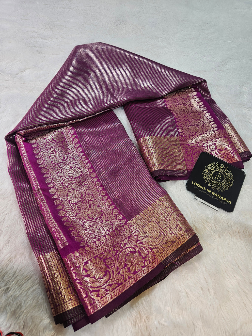 Majenta Banarasi Soft Tissue Zari Stripe Design Saree