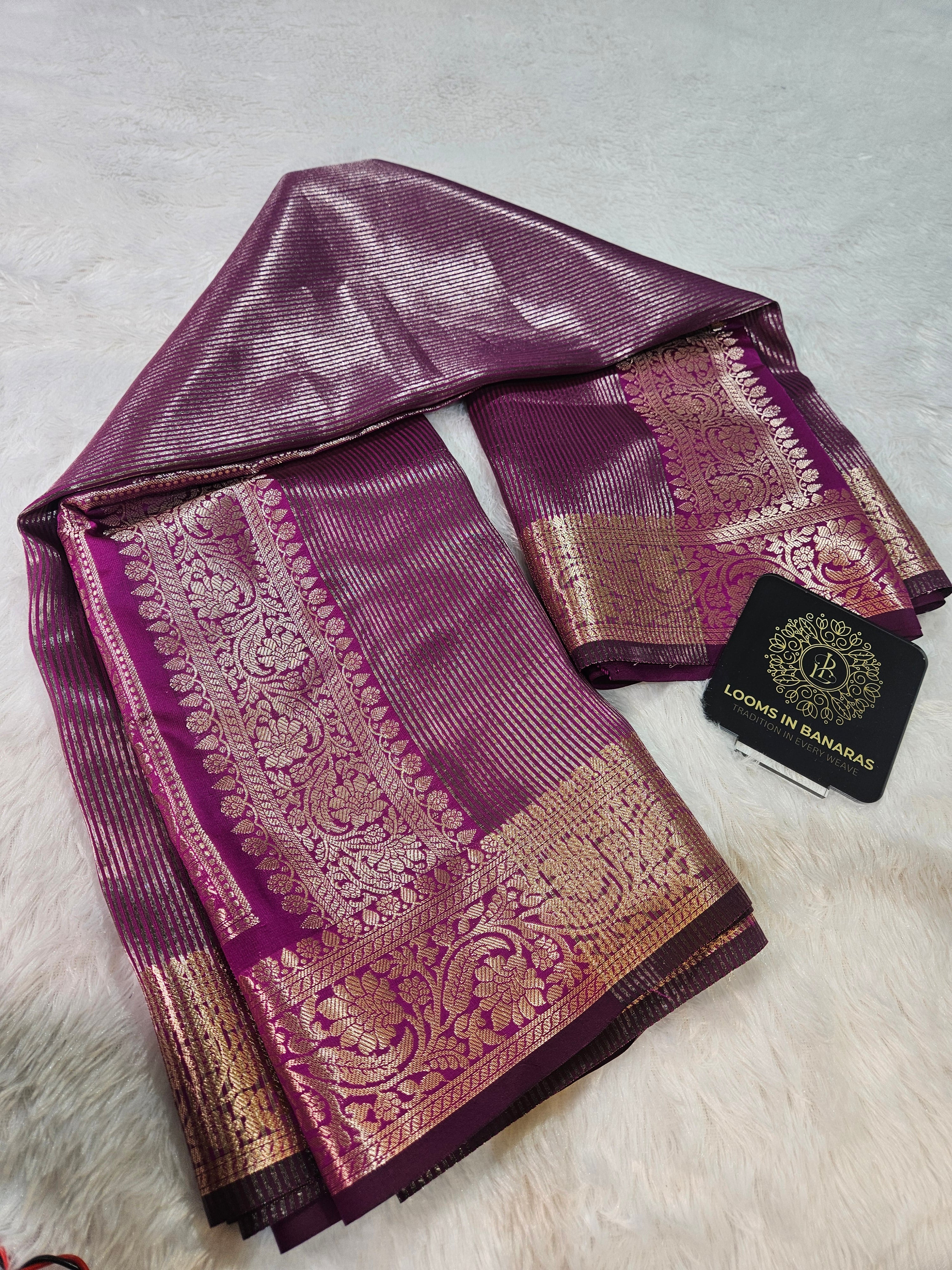 Majenta Banarasi Soft Tissue Zari Stripe Design Saree