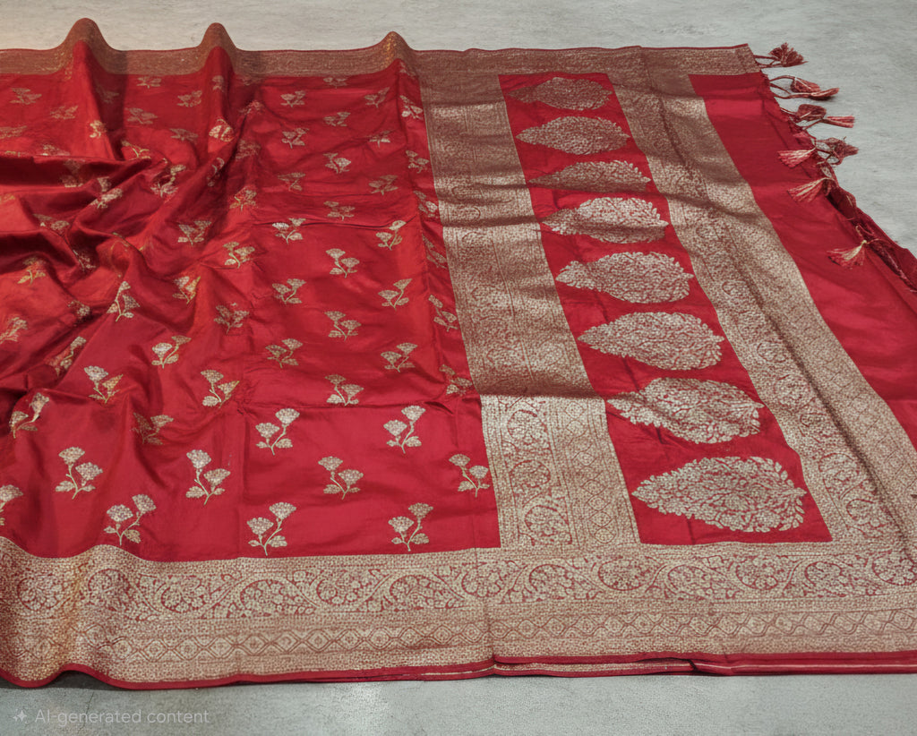 Banarasi Red Malai Katan Silk Alfi Booti Saree