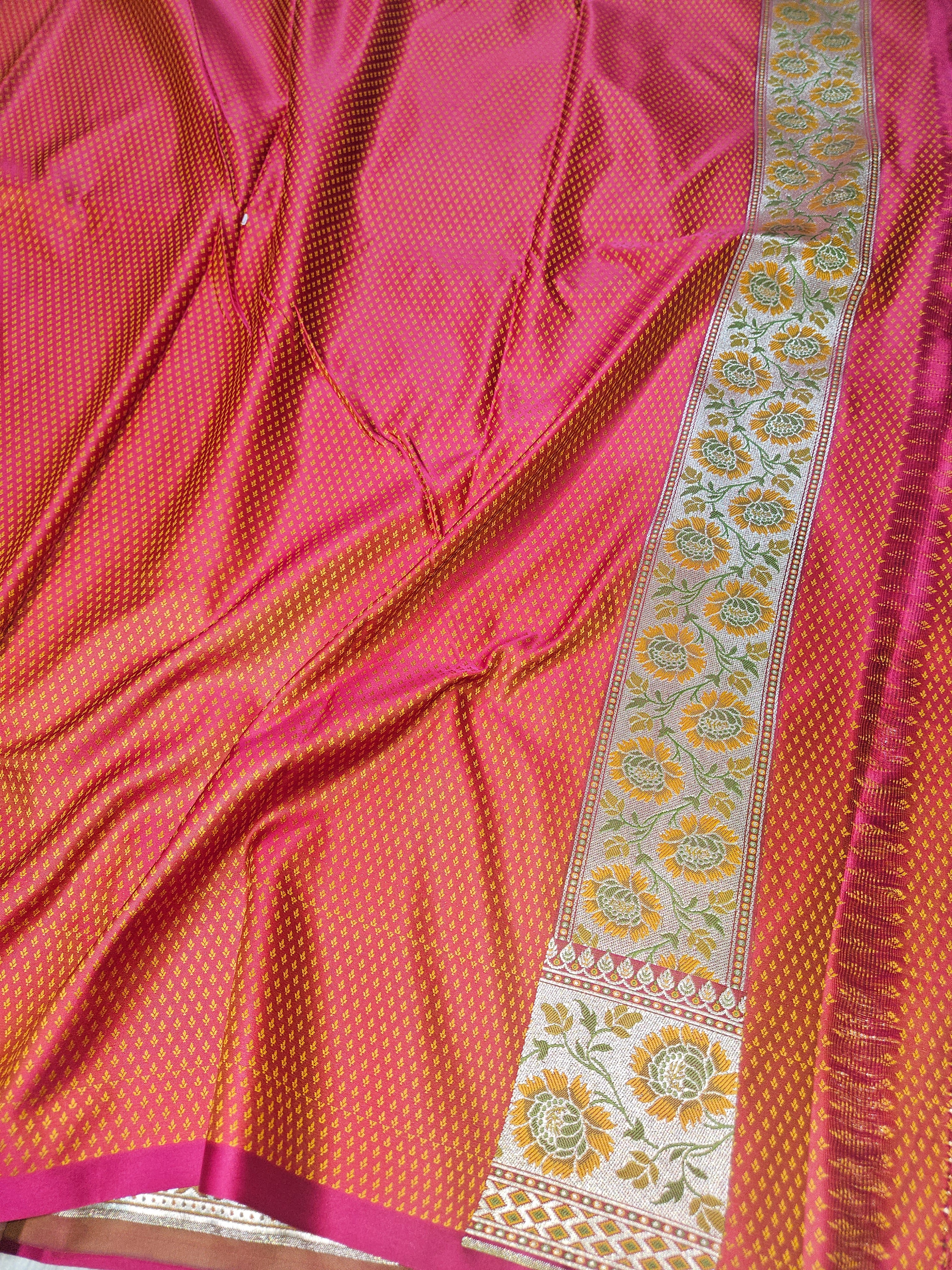 Rani Pink Banarasi Jamewar Satin Silk Saree with Gold Multi Mina.