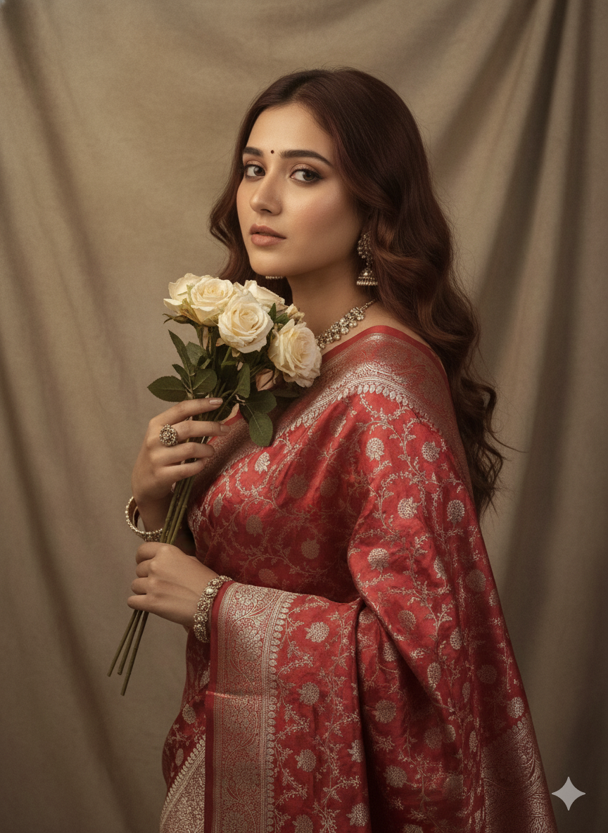 Red Banarasi Mashru Silk Border Jaal Saree