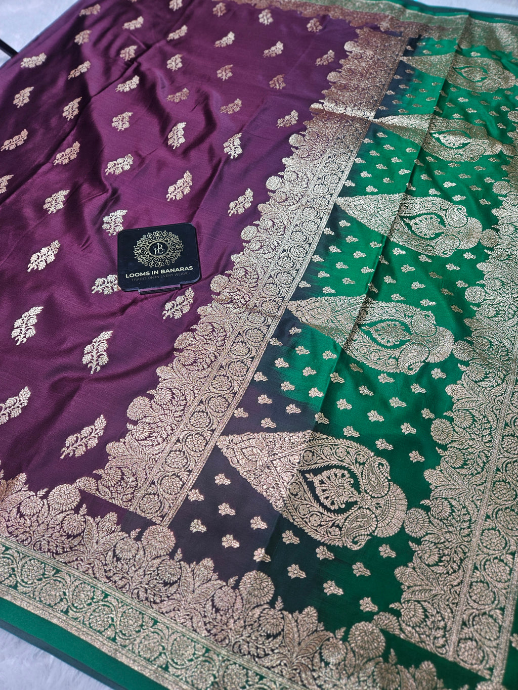 Wine and Green Contrast Banarasi Katan Satin Silk Saree Zari Border Buta Design