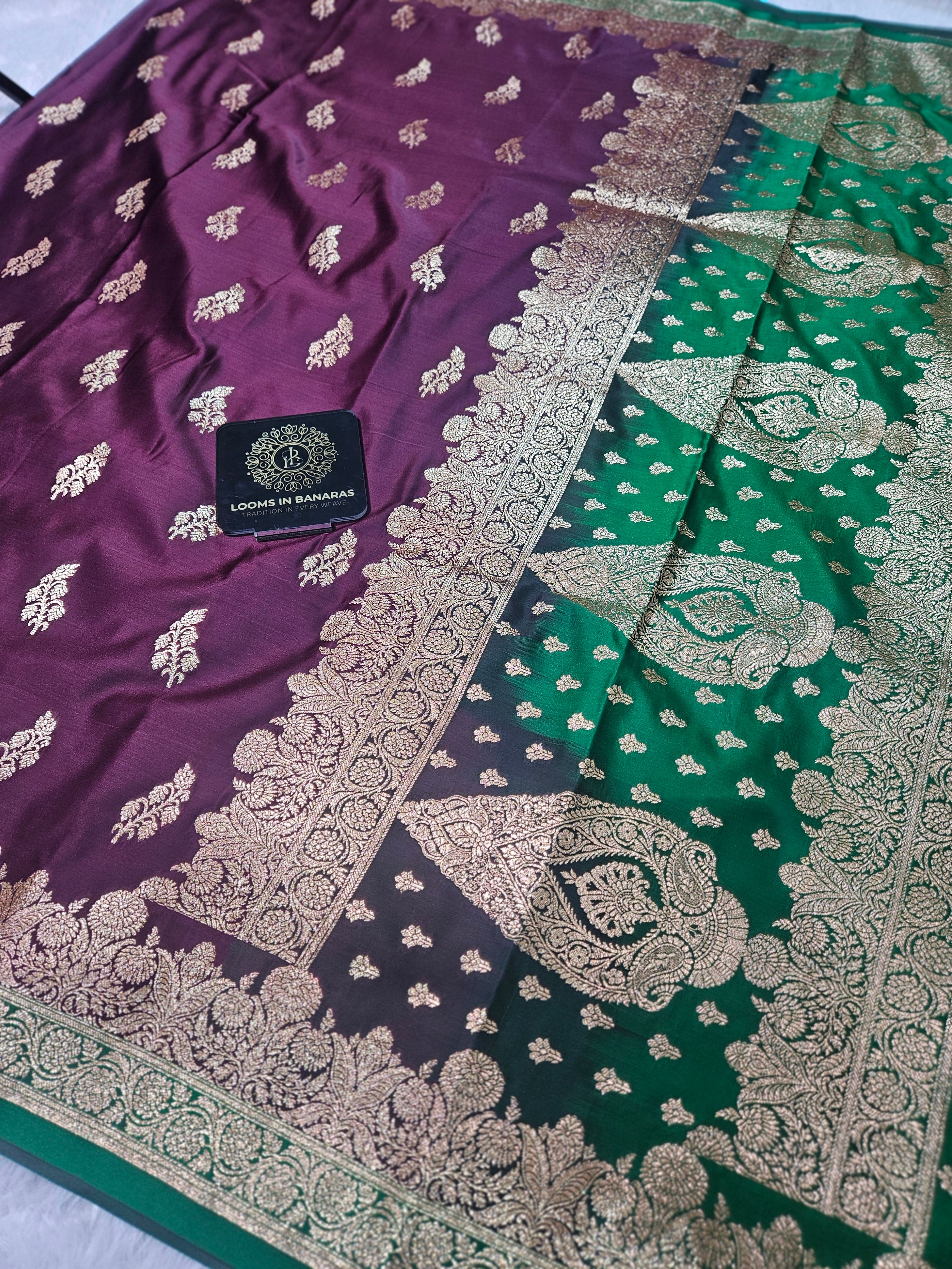 Wine and Green Contrast Banarasi Katan Satin Silk Saree Zari Border Buta Design